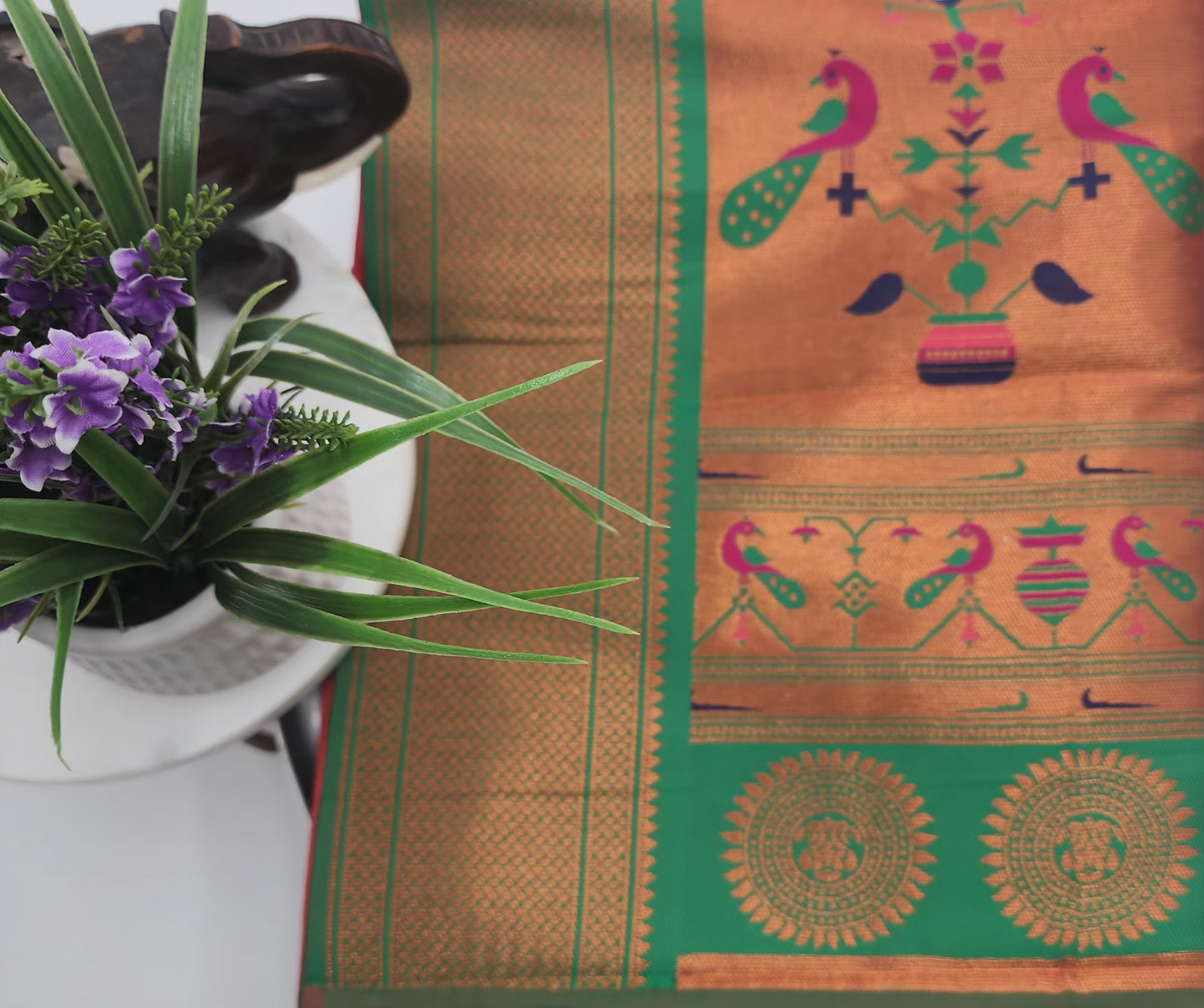 Soft Peshwai Paithani Silk Pinkish red and green