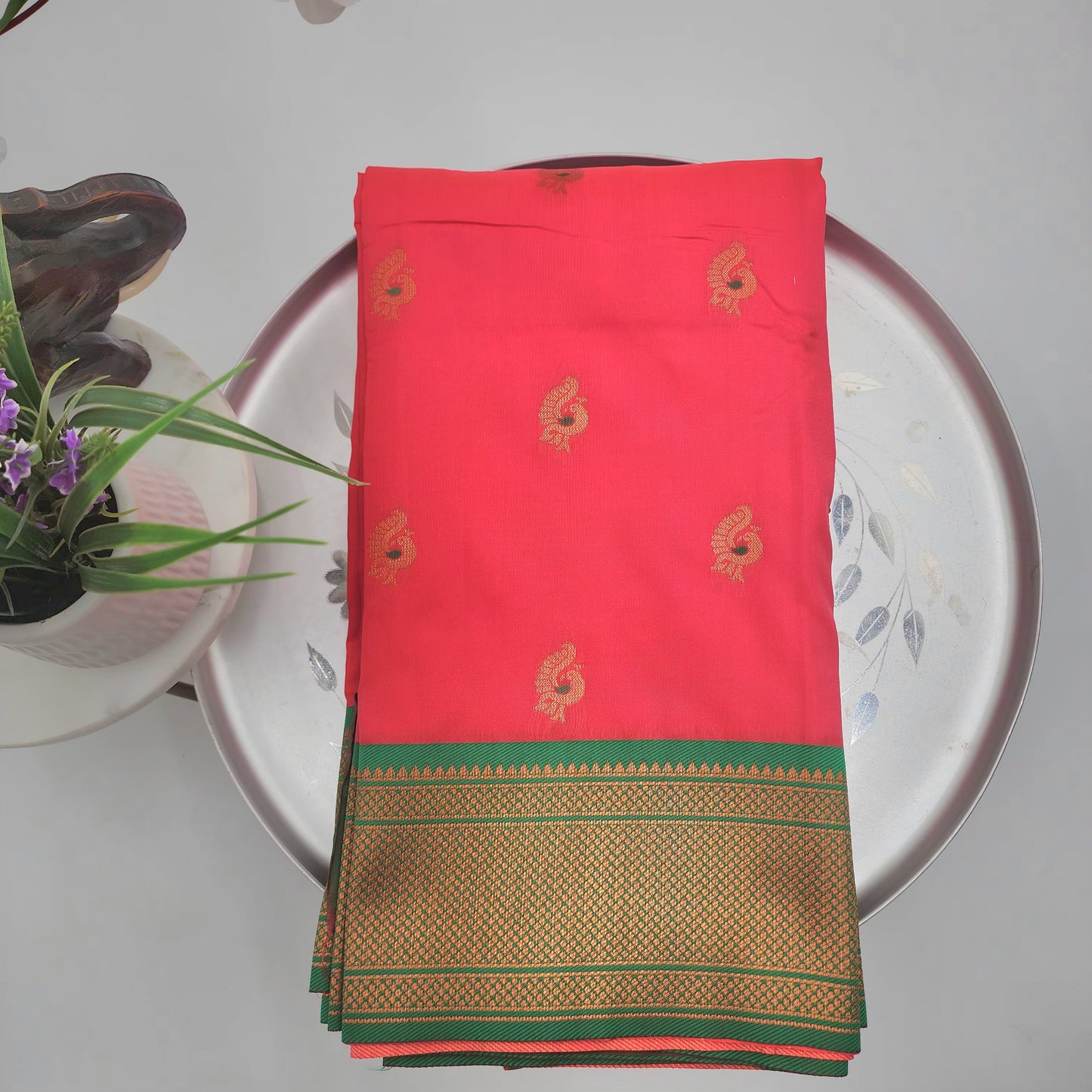 Soft Peshwai Paithani Silk Pinkish red and green