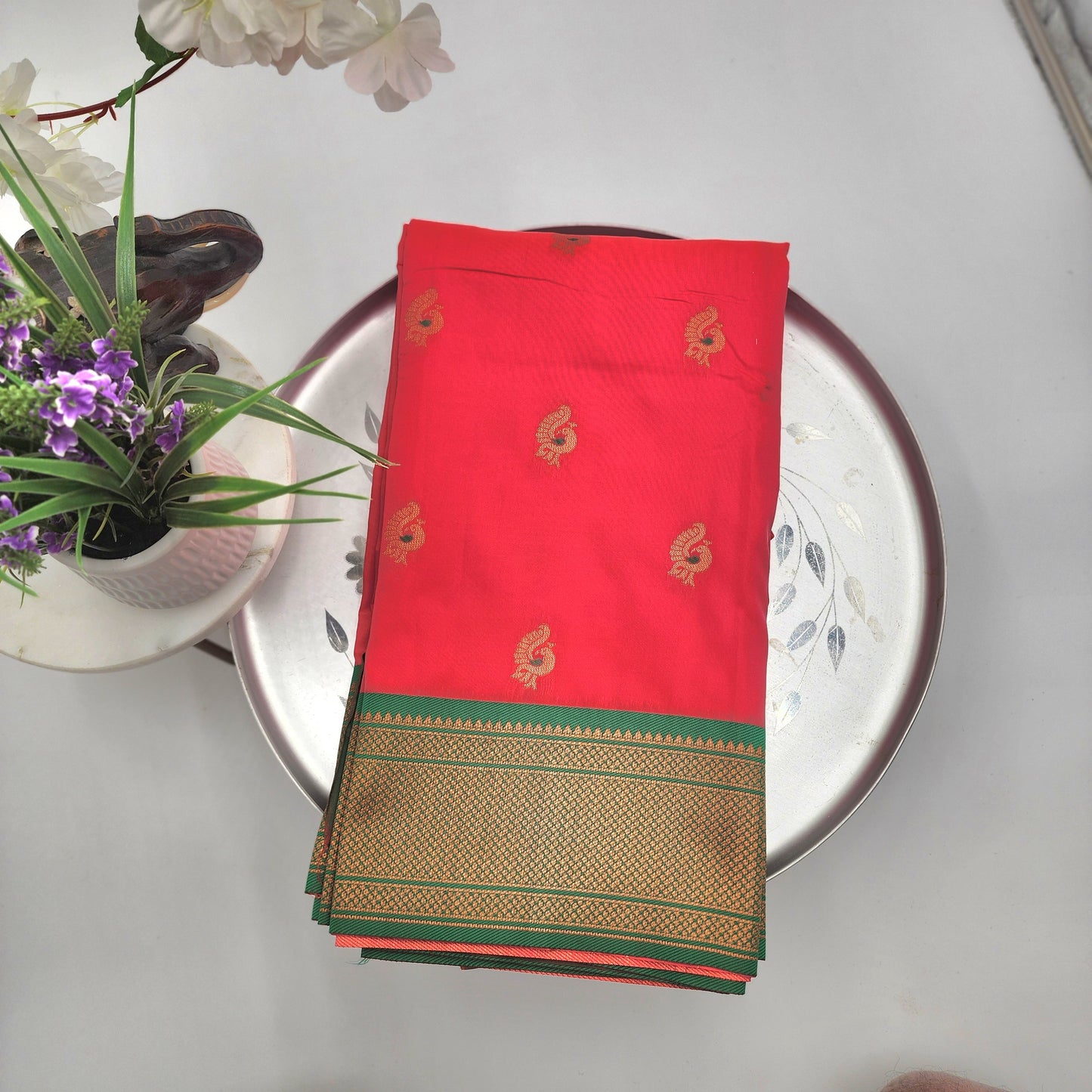 Soft Peshwai Paithani Silk Pinkish red and green