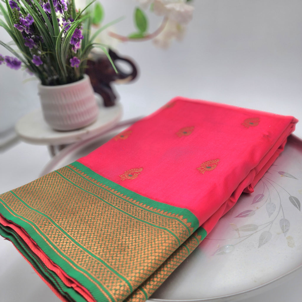Soft Peshwai Paithani Silk Pinkish red and greenn 1127