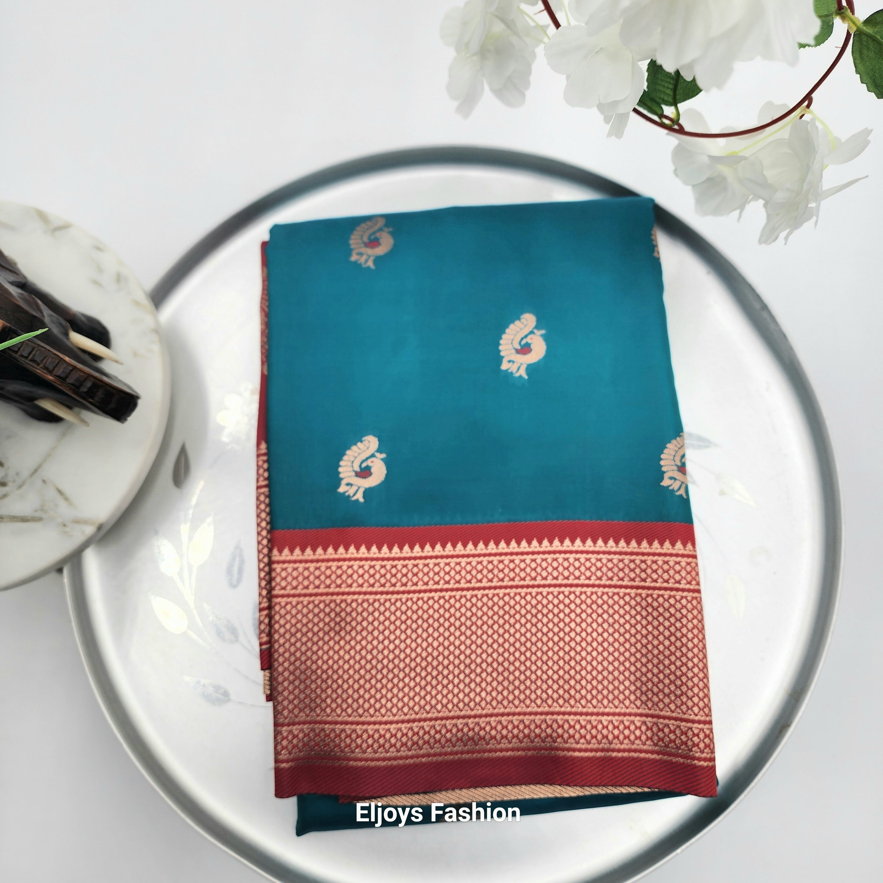 Paithani Soft Peshwai Designer Wedding Saree Greenish blue and Red Combo Eljoys Fashion