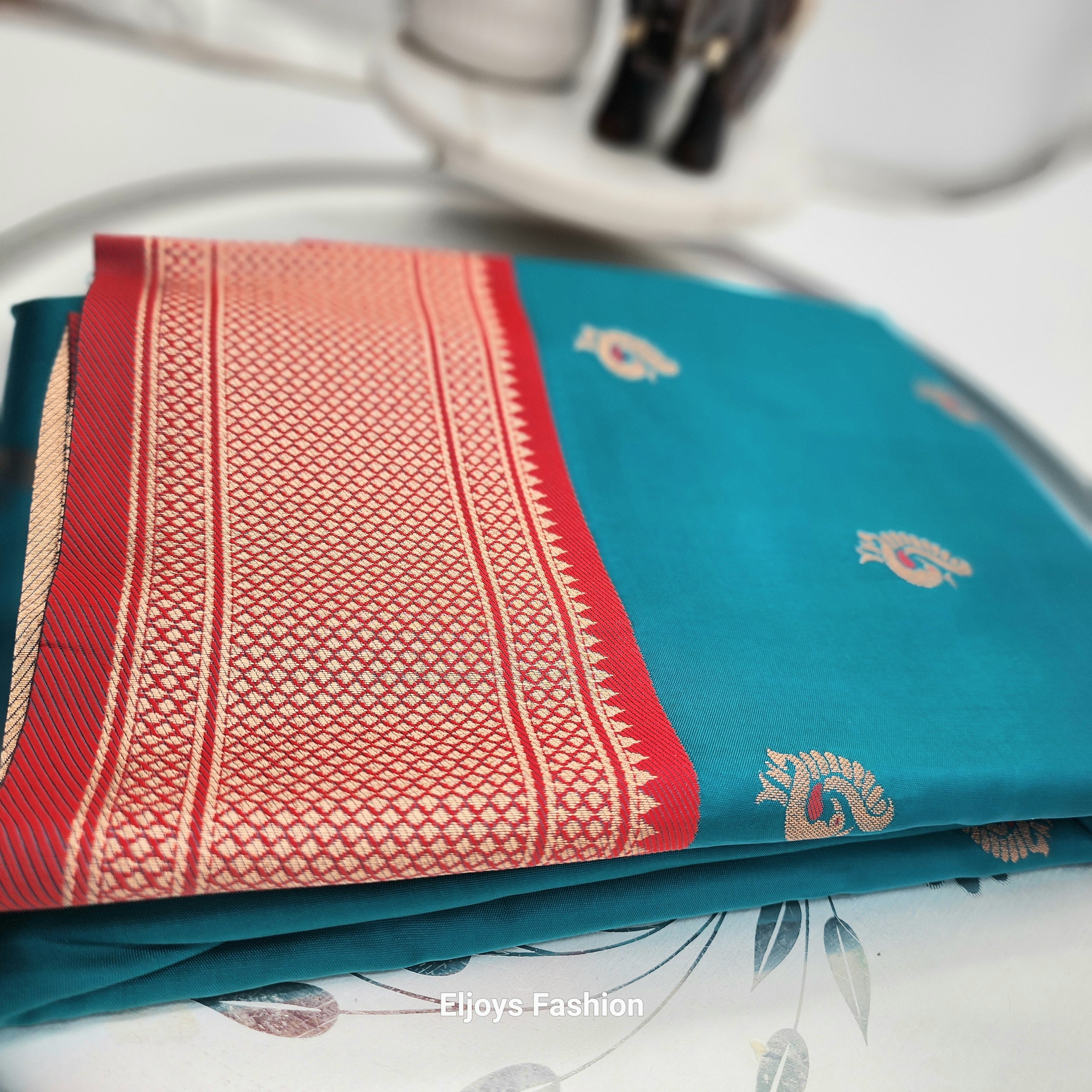 Paithani Soft Peshwai Designer Wedding Saree Greenish blue and Red Combo Eljoys Fashion