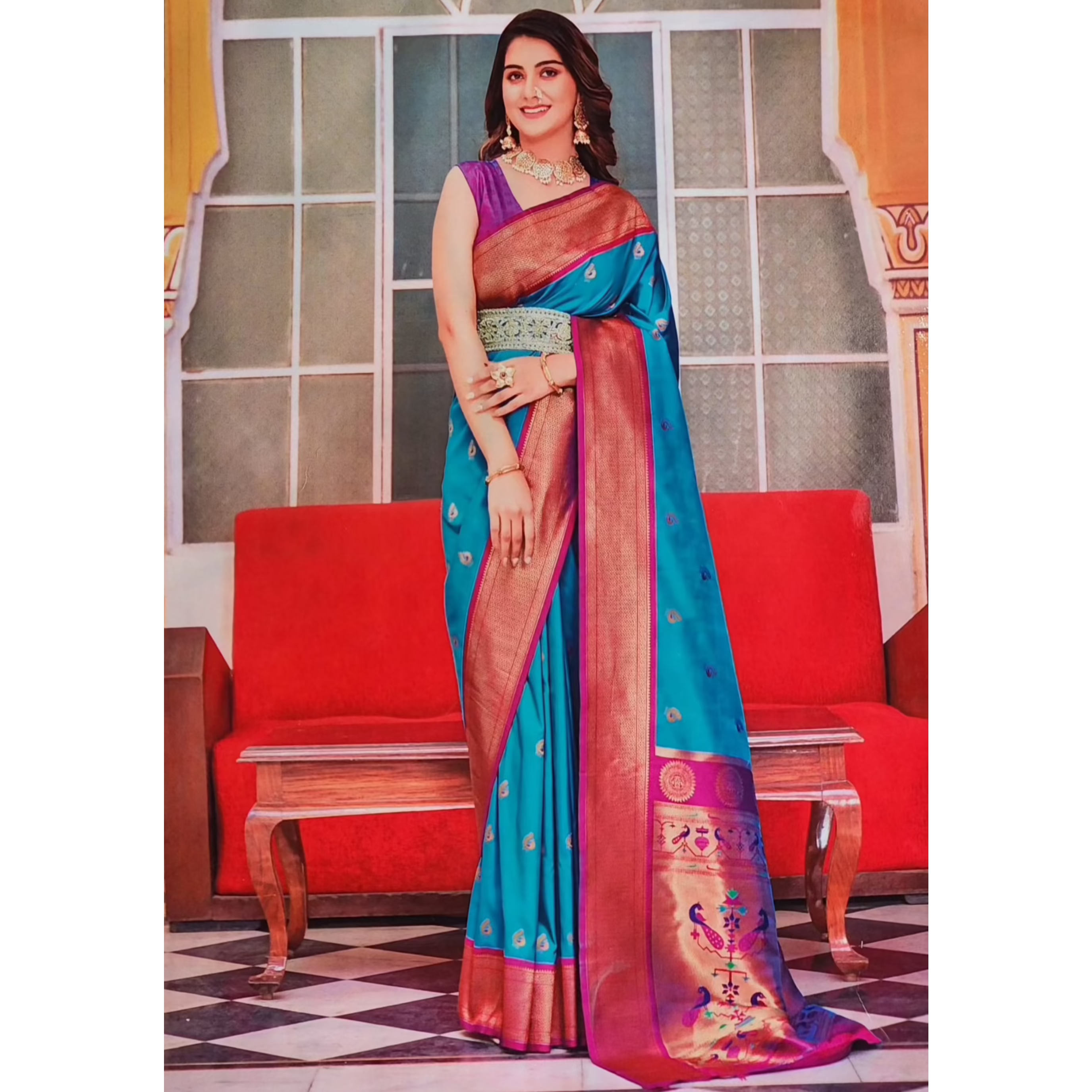 Paithani Soft Peshwai Designer Wedding Saree Greenish blue and Red Combo Eljoys Fashion