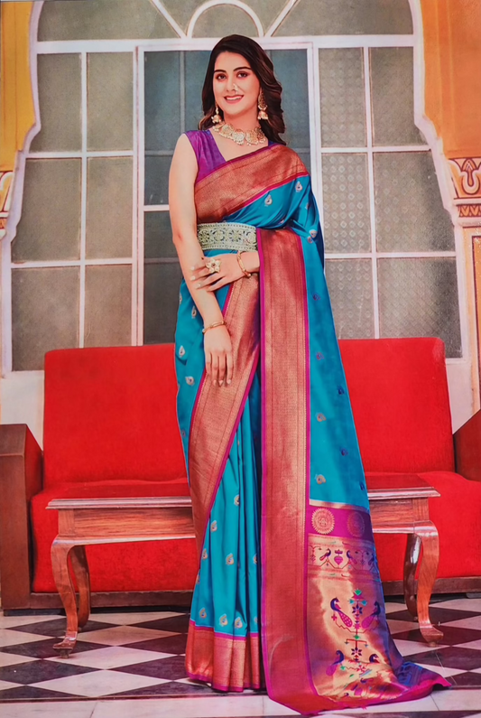 Paithani Soft Peshwai Designer Wedding Saree Greenish blue  and Red Combo