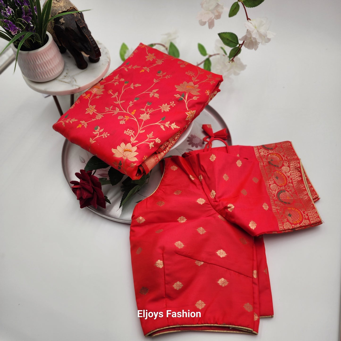Banarasi Silk-Festival Wear Saree - Pinkish Red with Blouse and Skirt