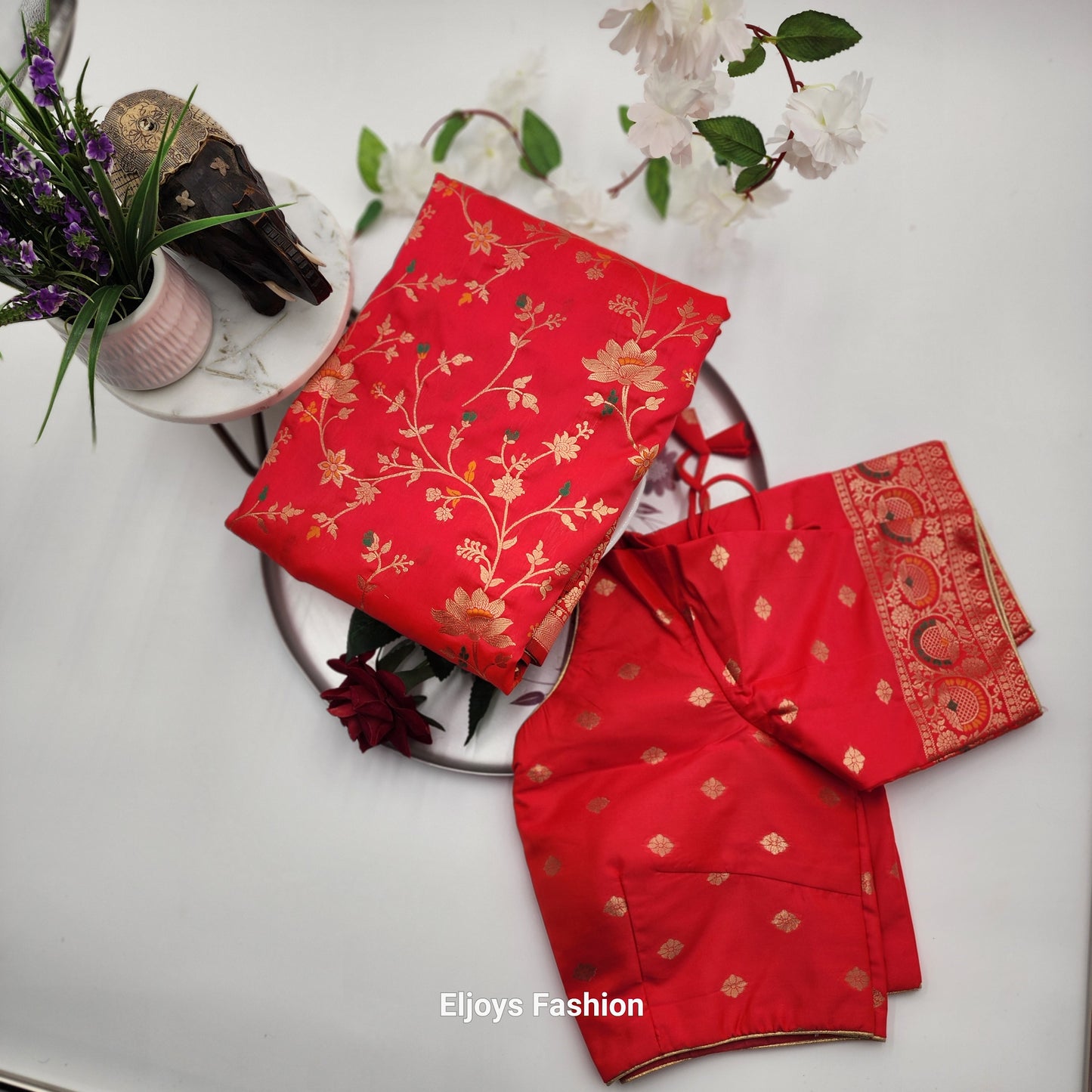 Banarasi Silk-Festival Wear Saree - Pinkish Red with Blouse and Skirt