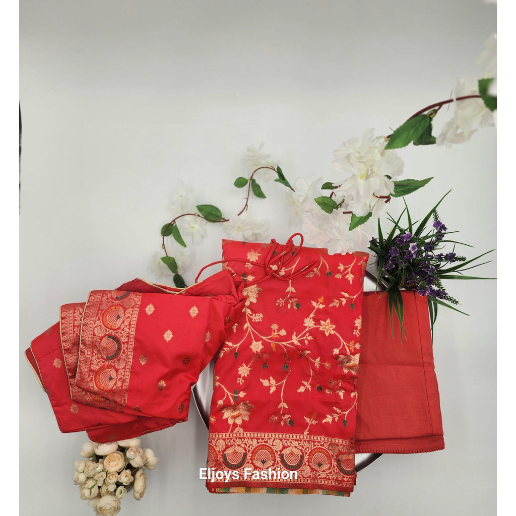 Banarasi Silk-Festival Wear Saree - Pinkish Red with Blouse and Skirt 1136 Eljoys Fashion