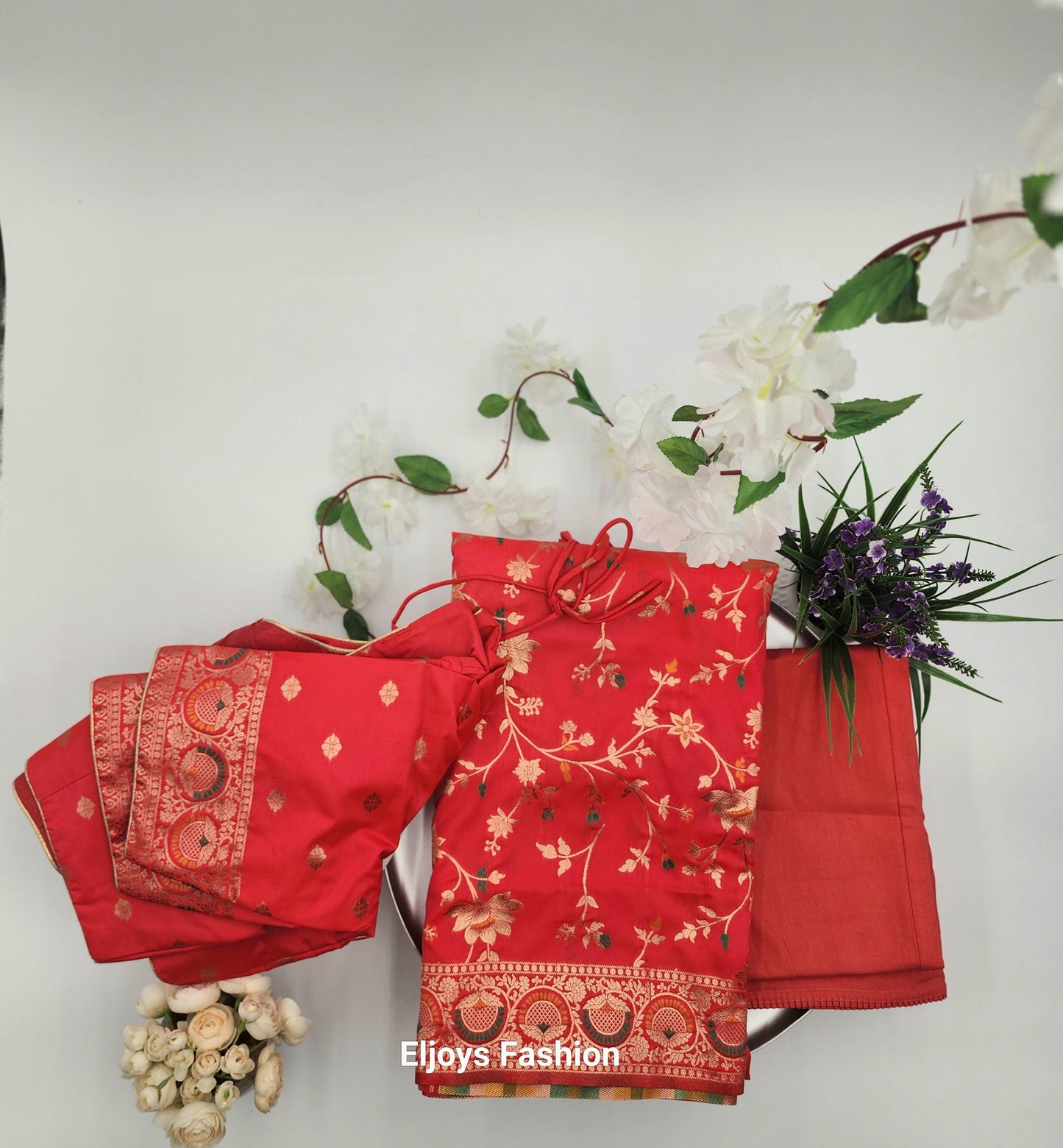 Banarasi Silk-Festival Wear Saree - Pinkish Red with Blouse and Skirt