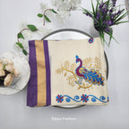 Traditional South Indian Cotton Saree in Off white colour with violet and Gold Border Eljoys Fashion