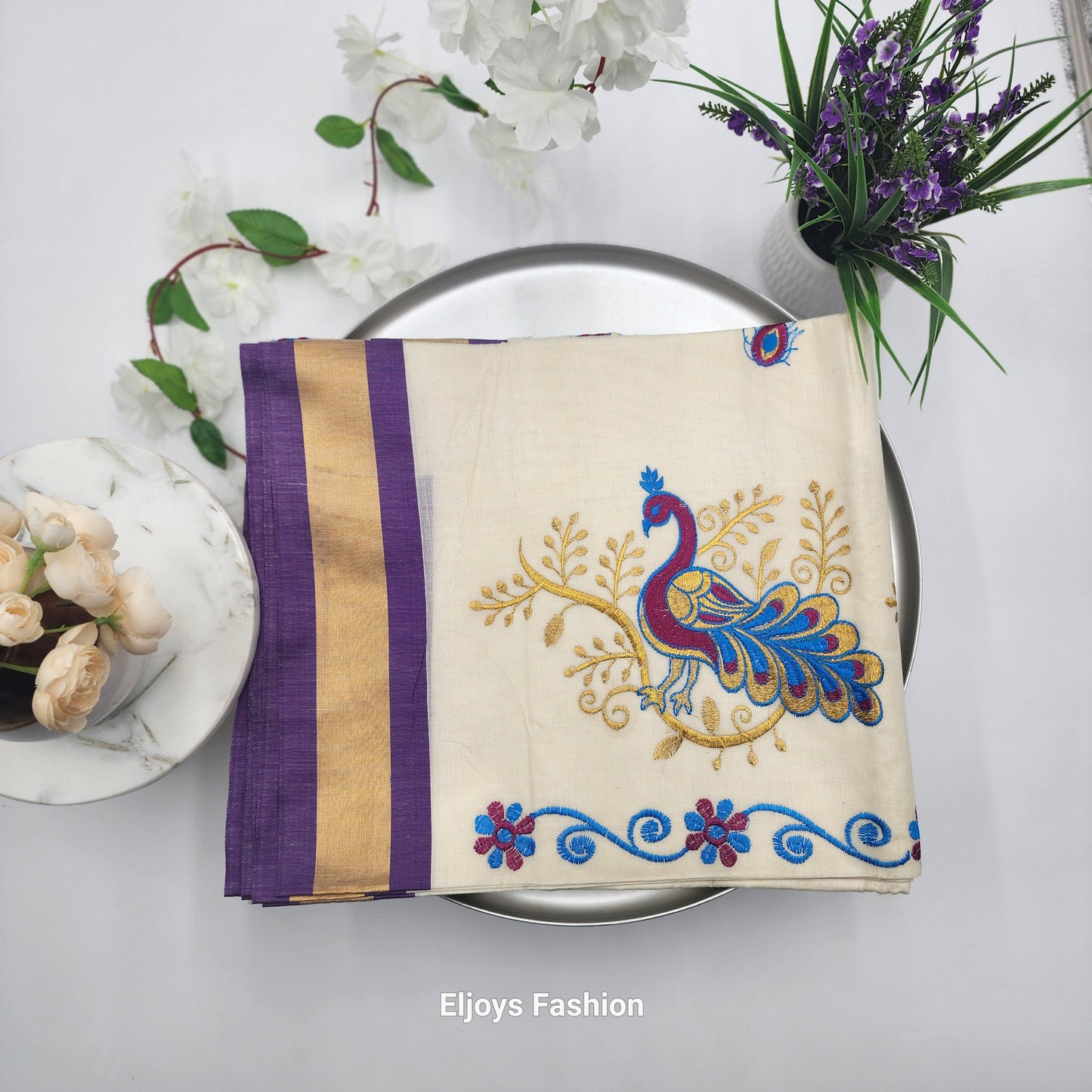Traditional  South Indian Cotton Saree in Off white colour with violet and Gold Border