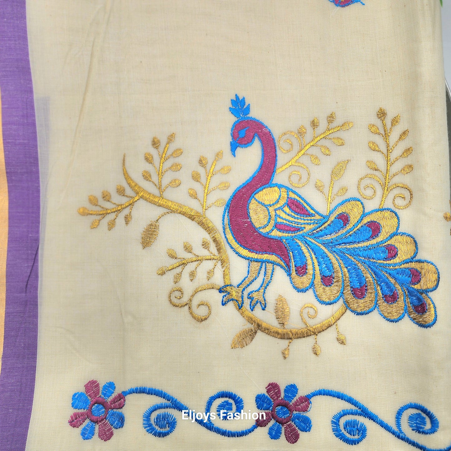 Traditional  South Indian Cotton Saree in Off white colour with violet and Gold Border