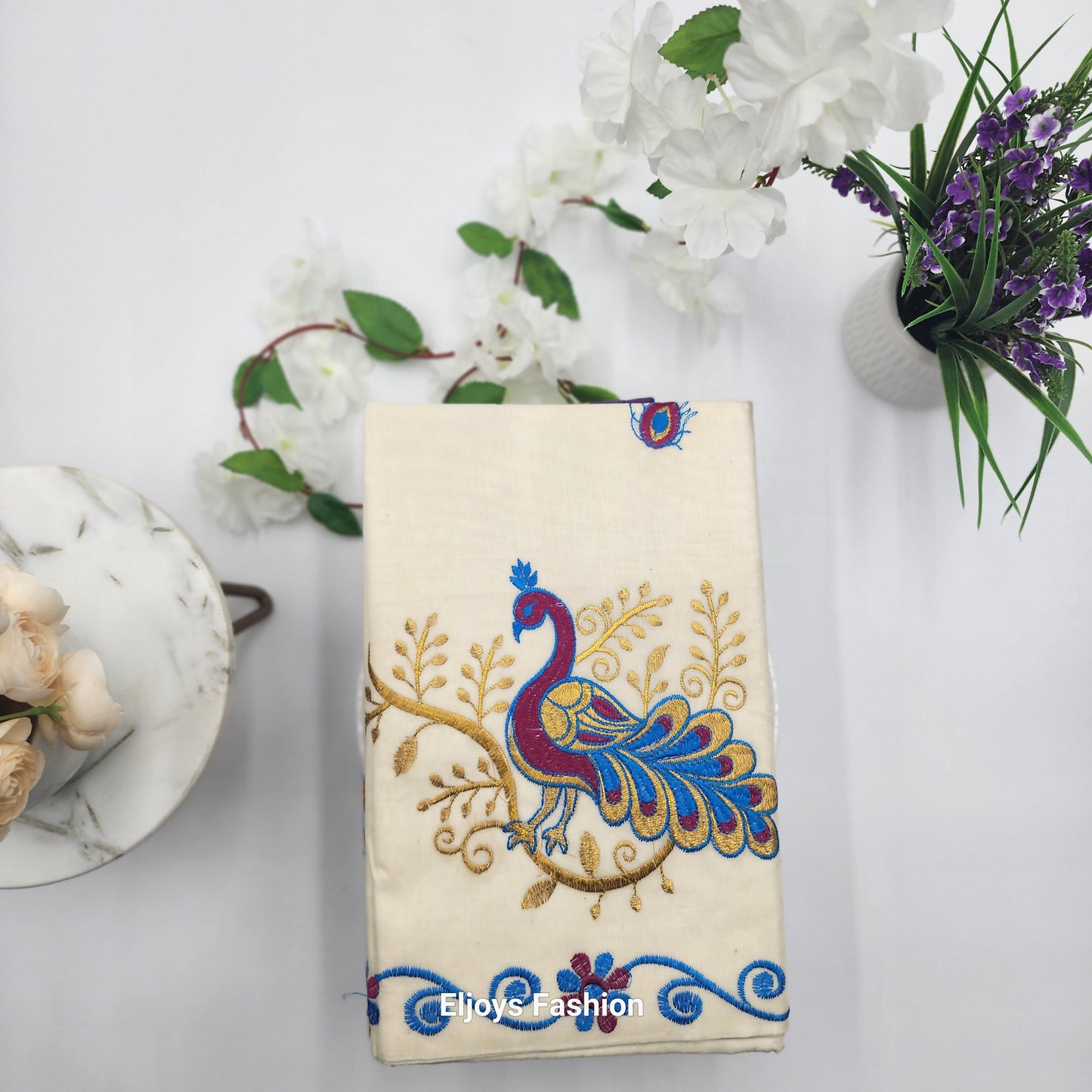 Traditional  South Indian Cotton Saree in Off white colour with violet and Gold Border
