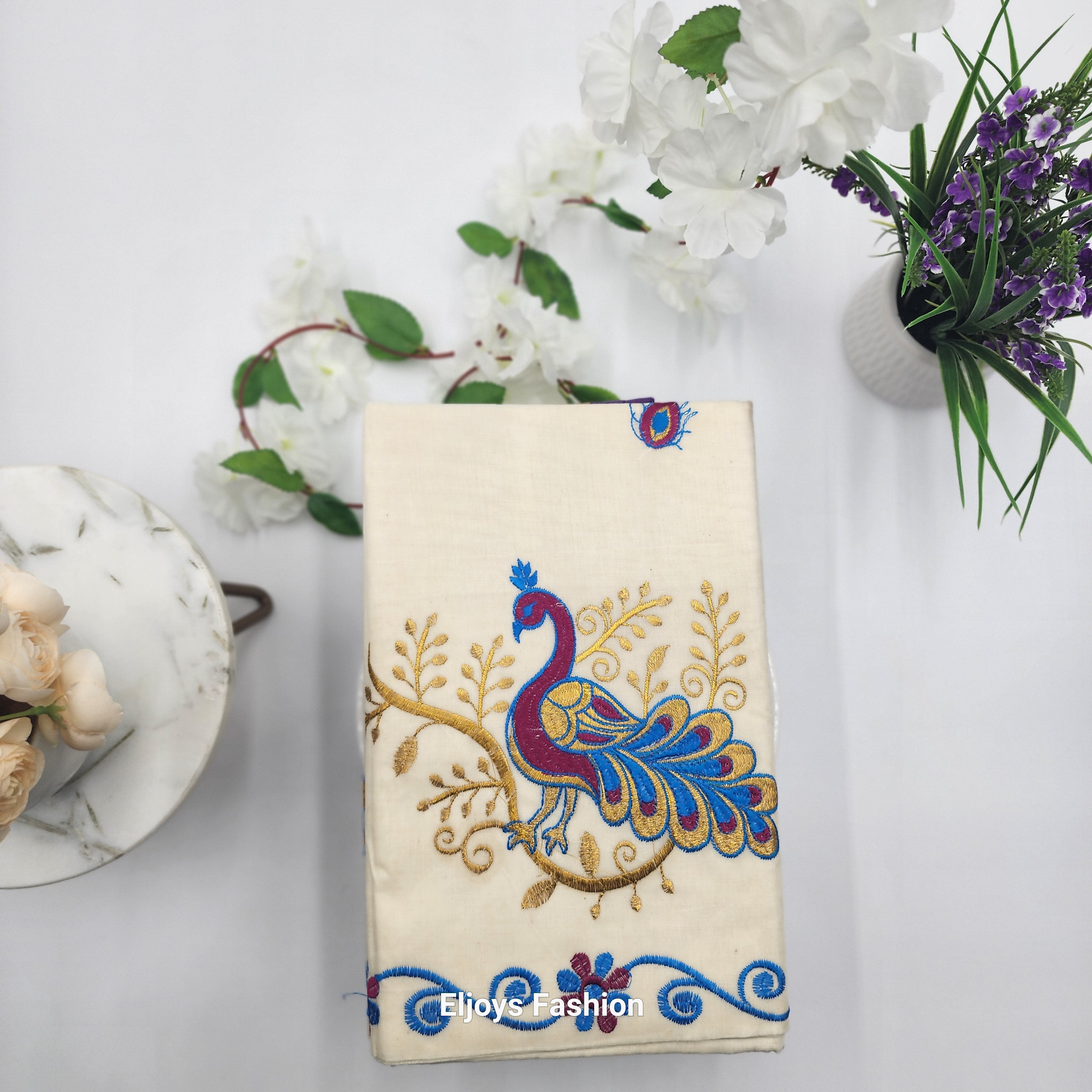 Traditional South Indian Cotton Saree in Off white colour with violet and Gold Border Eljoys Fashion
