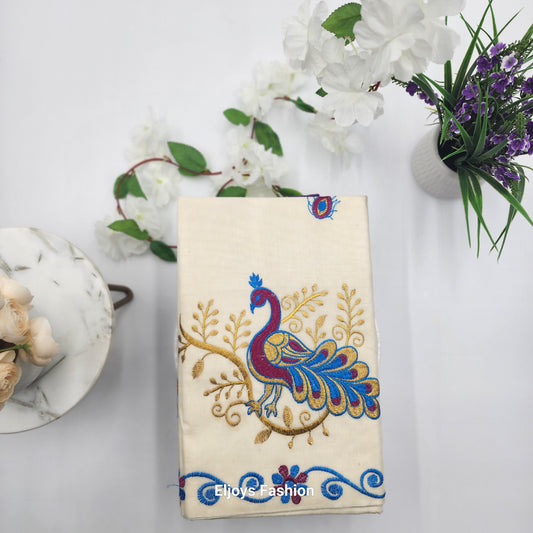 Traditional South Indian Cotton Saree in Off white colour with violet and Gold Border Eljoys Fashion