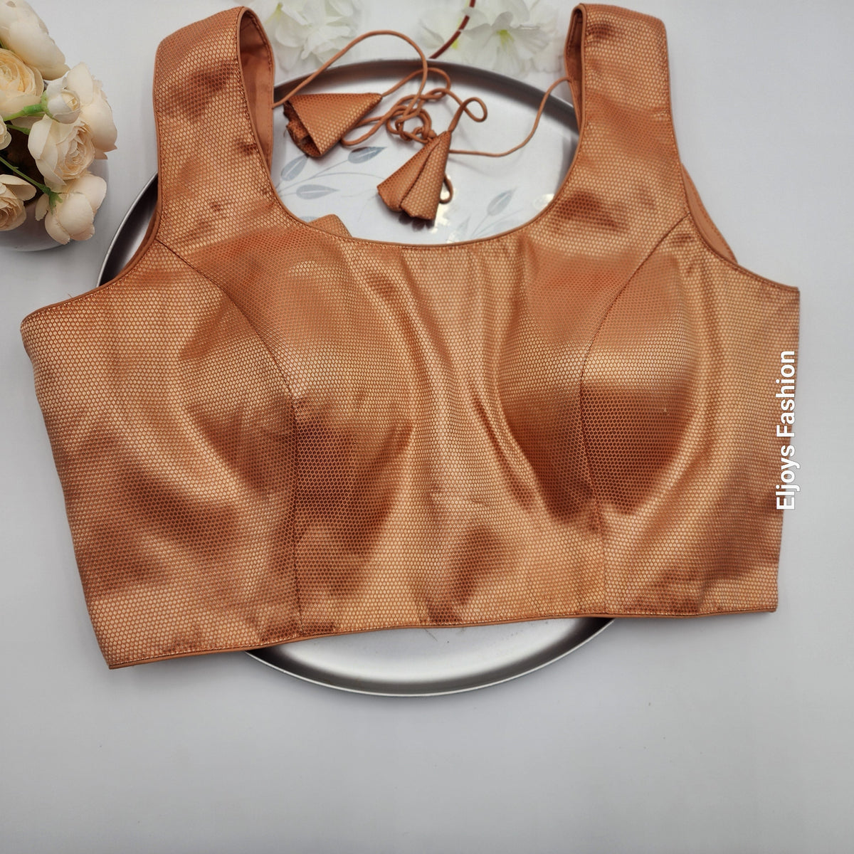 Brocade blouse with embedded floral design in Gold and light red shade sleeveless Free size Eljoys Fashion