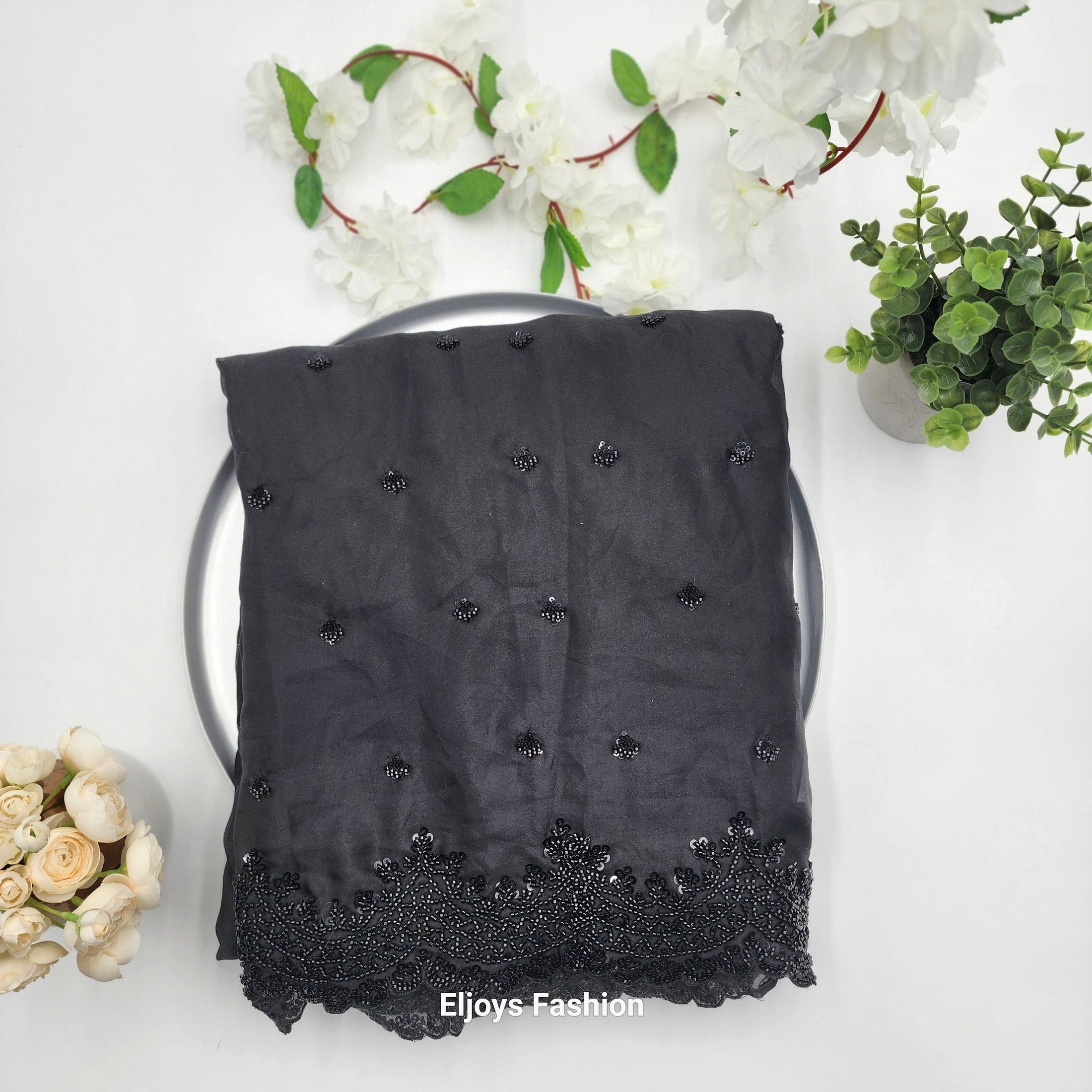 Chiffon saree with sequence and bead work Black Eljoys Fashion