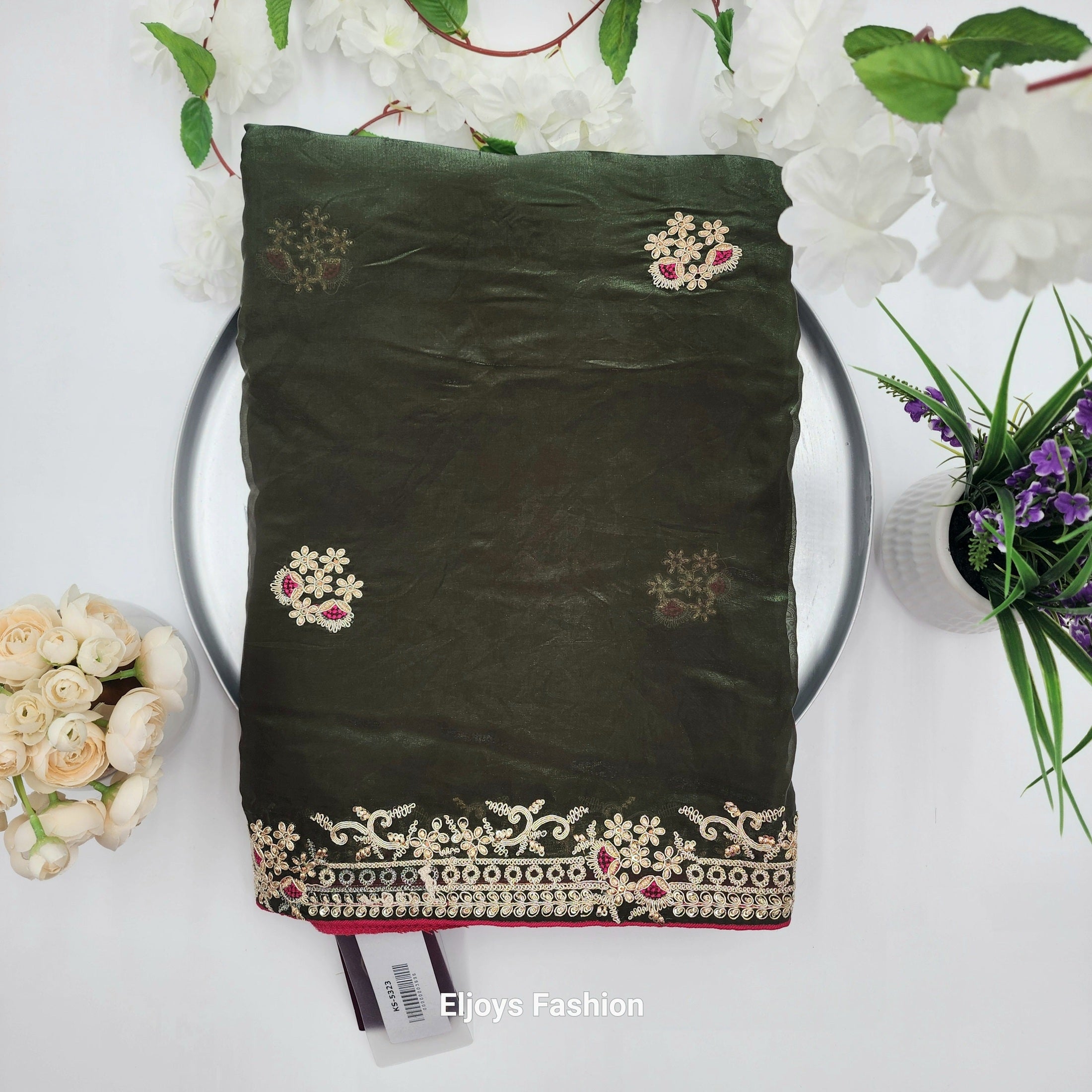 Pure Soft Silk and Fancy Fabric Designer Embroidery Work Saree - Dark Green 1118