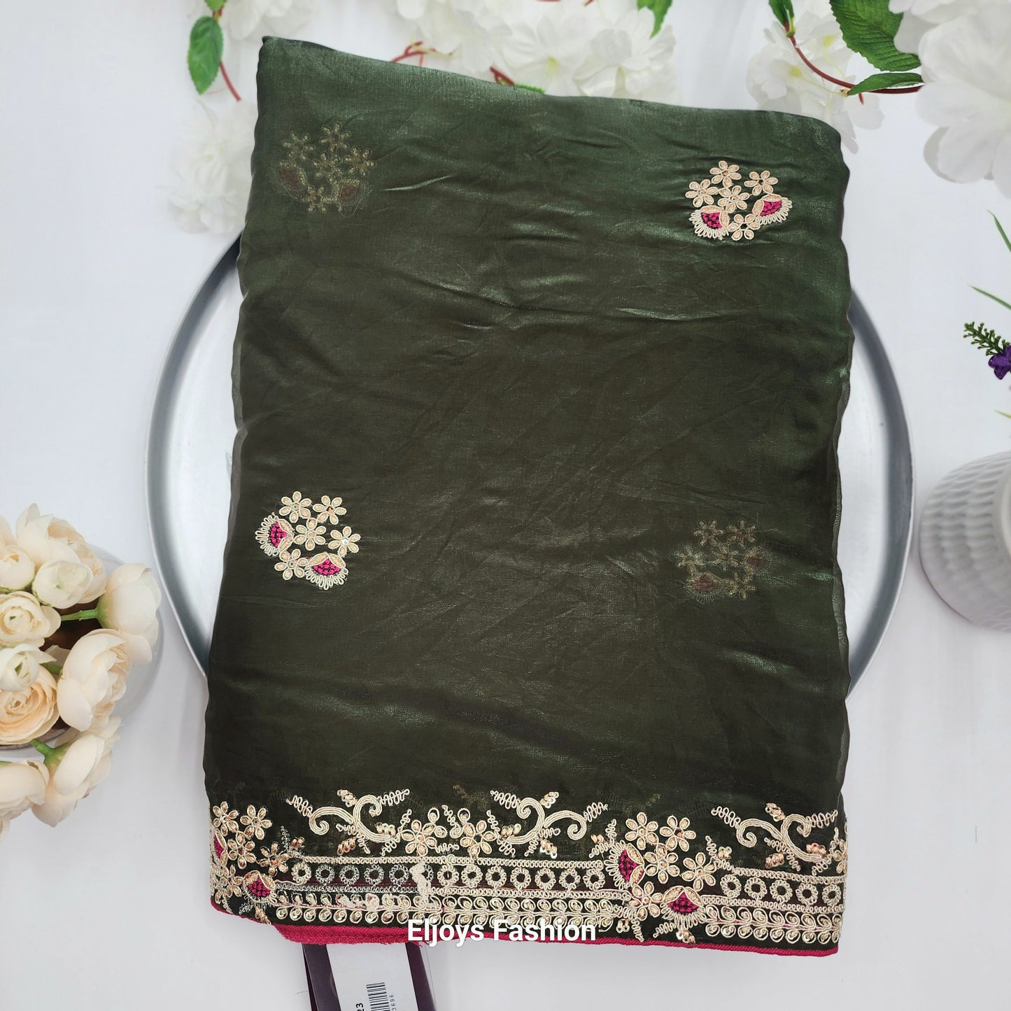 Pure Soft Silk and Fancy Fabric  Designer Embroidery Work Saree - Dark Green