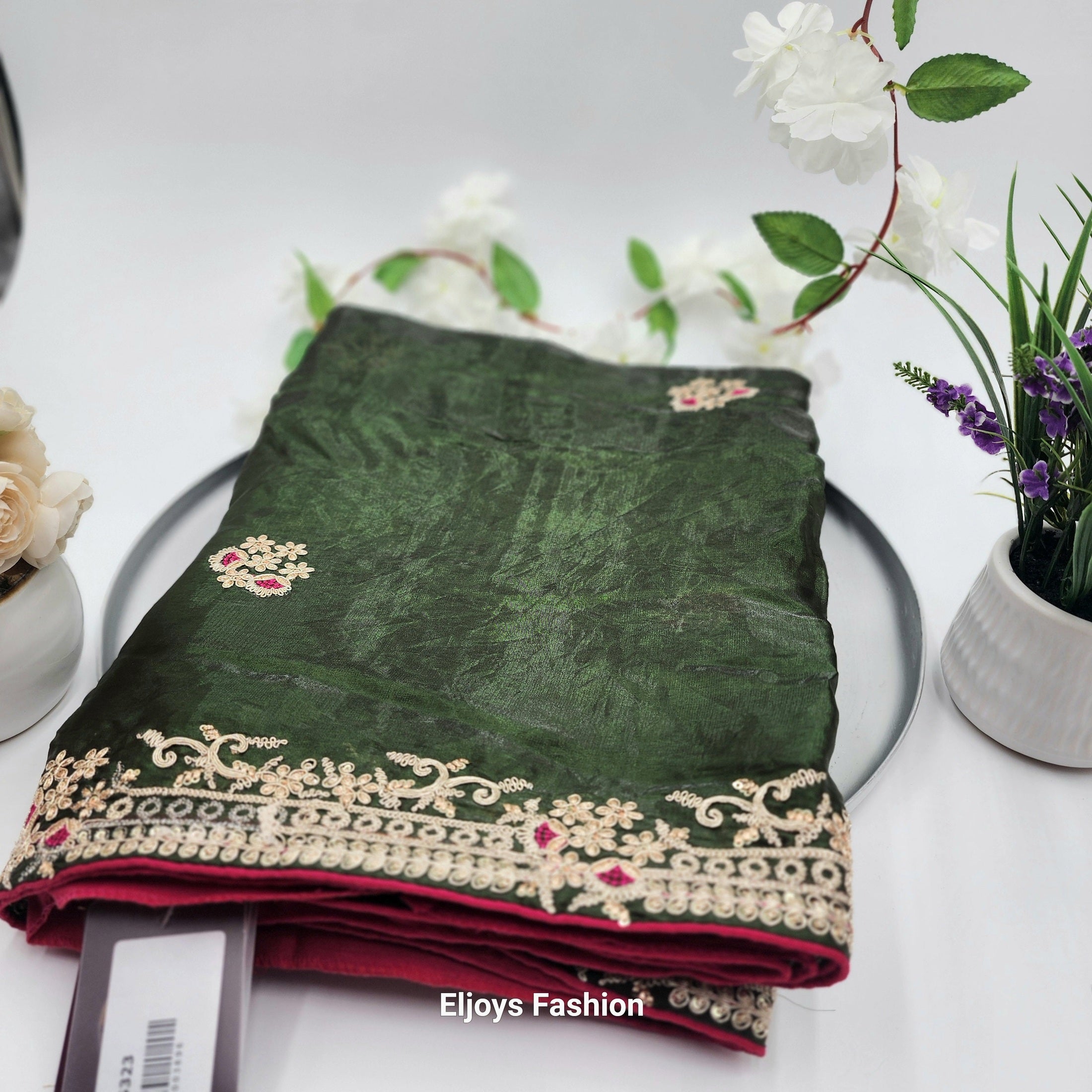 Pure Soft Silk and Fancy Fabric Designer Embroidery Work Saree - Dark Green 1118