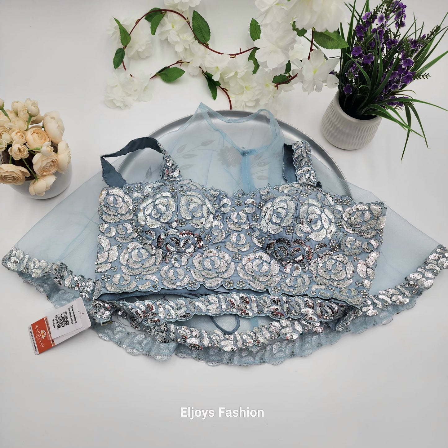Designer Heavy Ready To Wear Saree Party Wear Two Tone Satin Silk Ice Blue