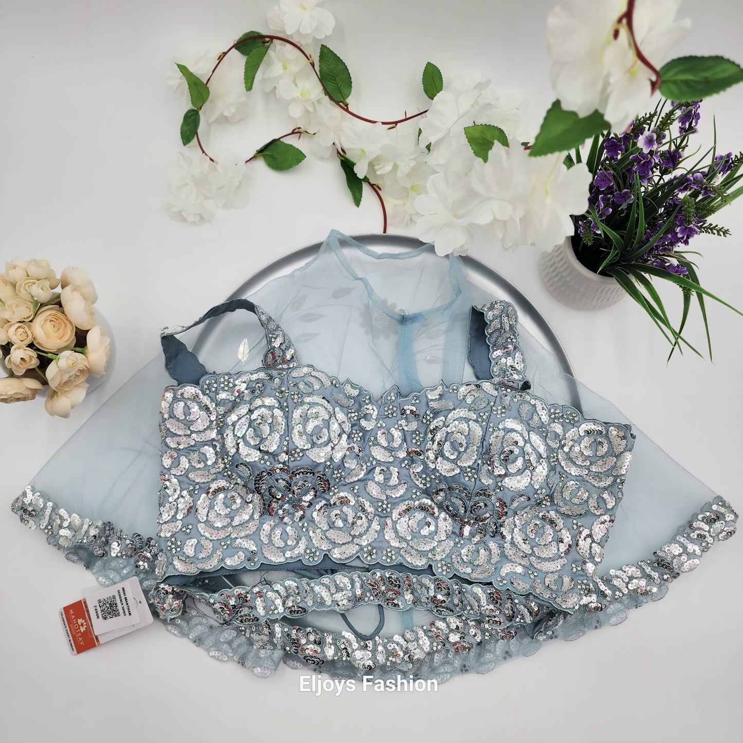 Designer Heavy Ready To Wear Saree Party Wear Two Tone Satin Silk Ice Blue
