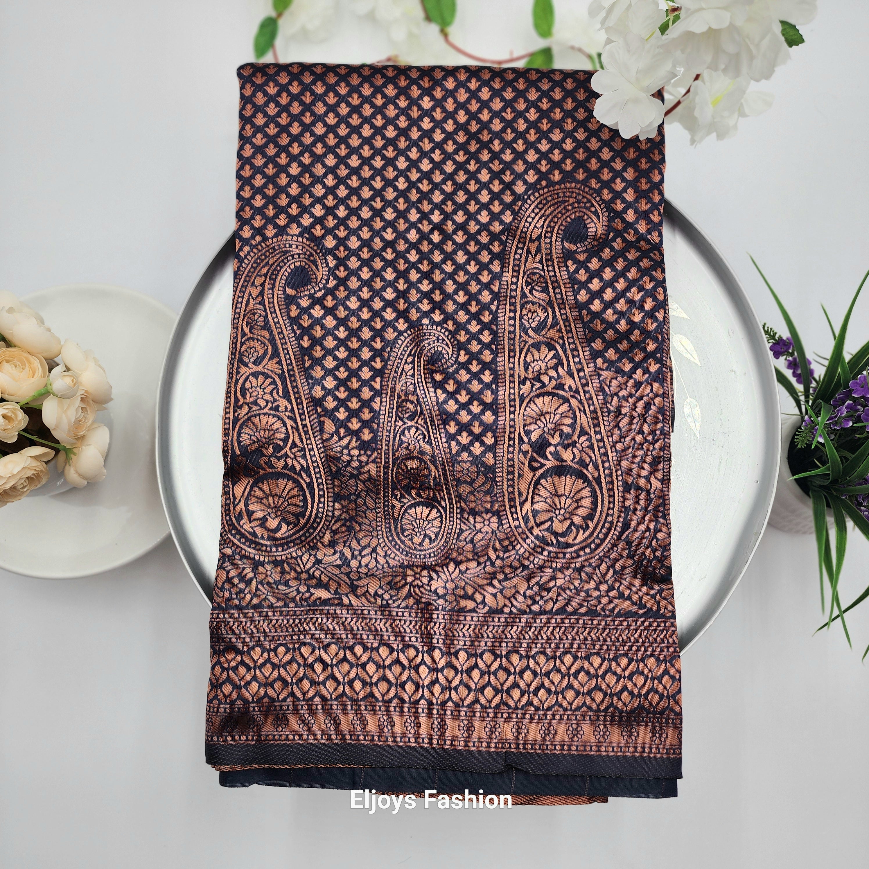 Soft Lichi Silk Designer Saree Jaqard work Navy Blue 1113