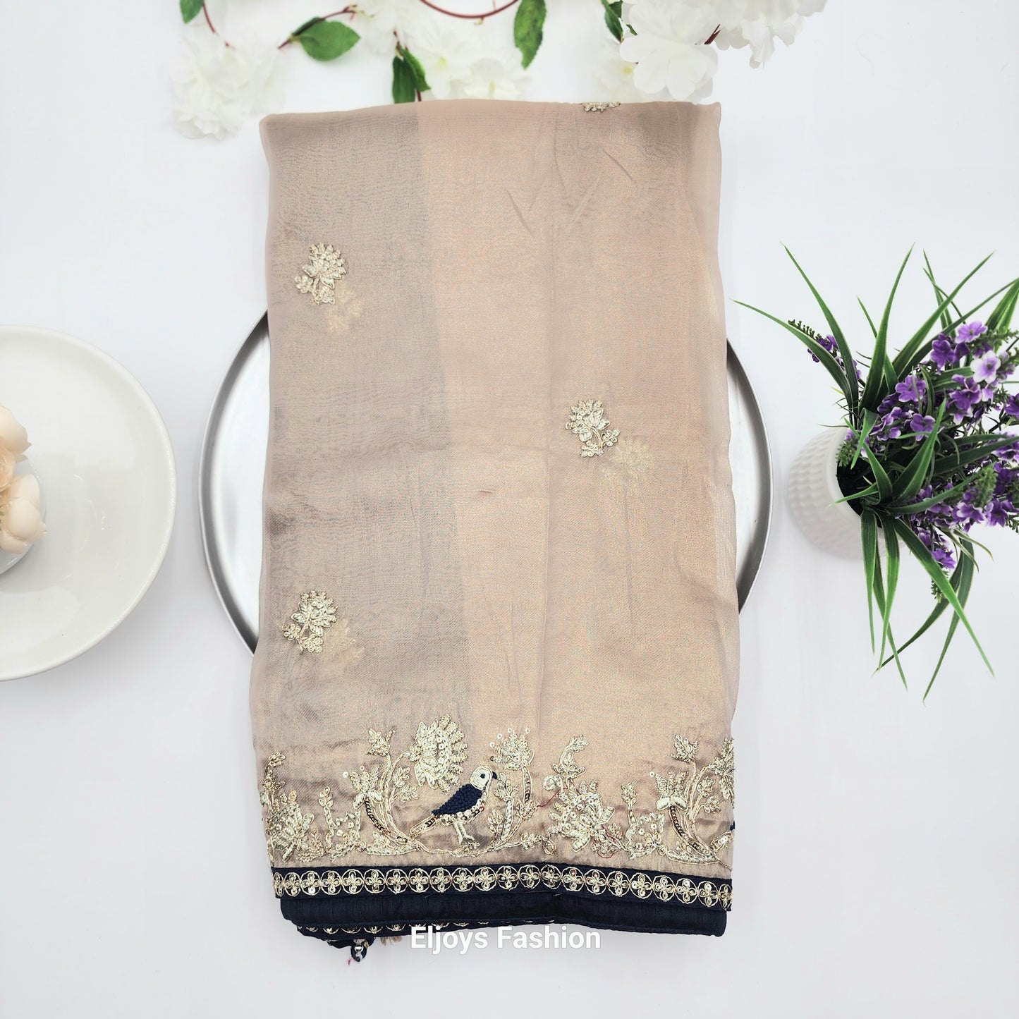 Pure Soft Silk and Fancy Fabric  Designer Embroidery Work Saree - silky silver brown