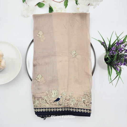 Pure Soft Silk and Fancy Designer saree with sequins and Zari work -Gold with blue border 1116