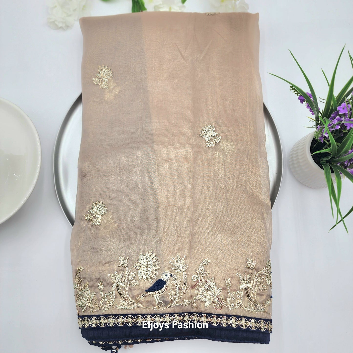 Pure Soft Silk and Fancy Fabric  Designer Embroidery Work Saree - silky silver brown