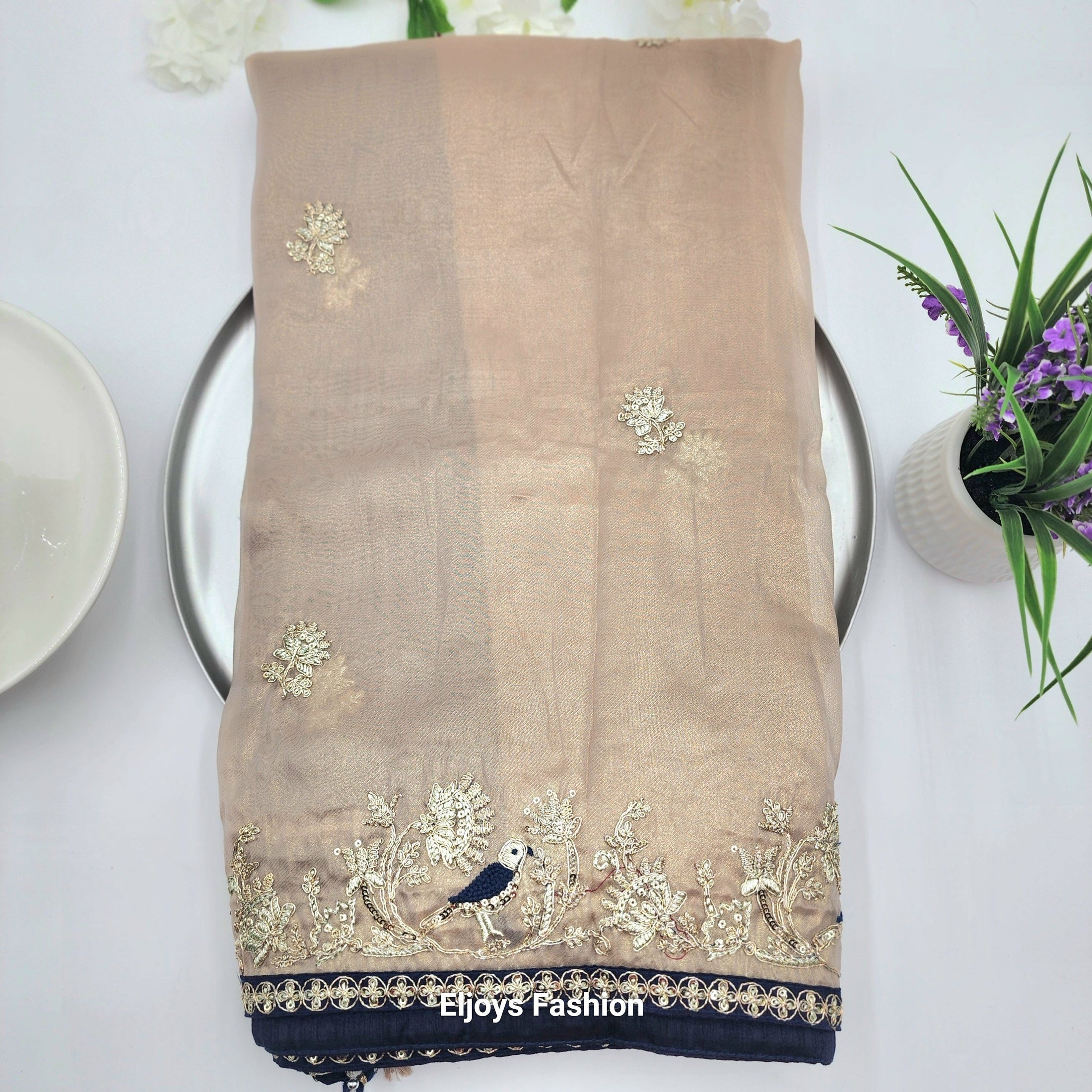 Pure Soft Silk and Fancy Designer saree with sequins and Zari work -Gold with blue border 1116