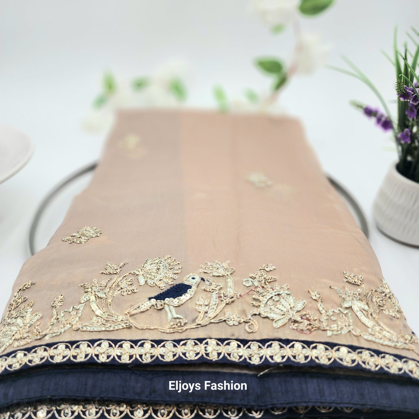 Pure Soft Silk and Fancy Fabric  Designer Embroidery Work Saree - silky silver brown