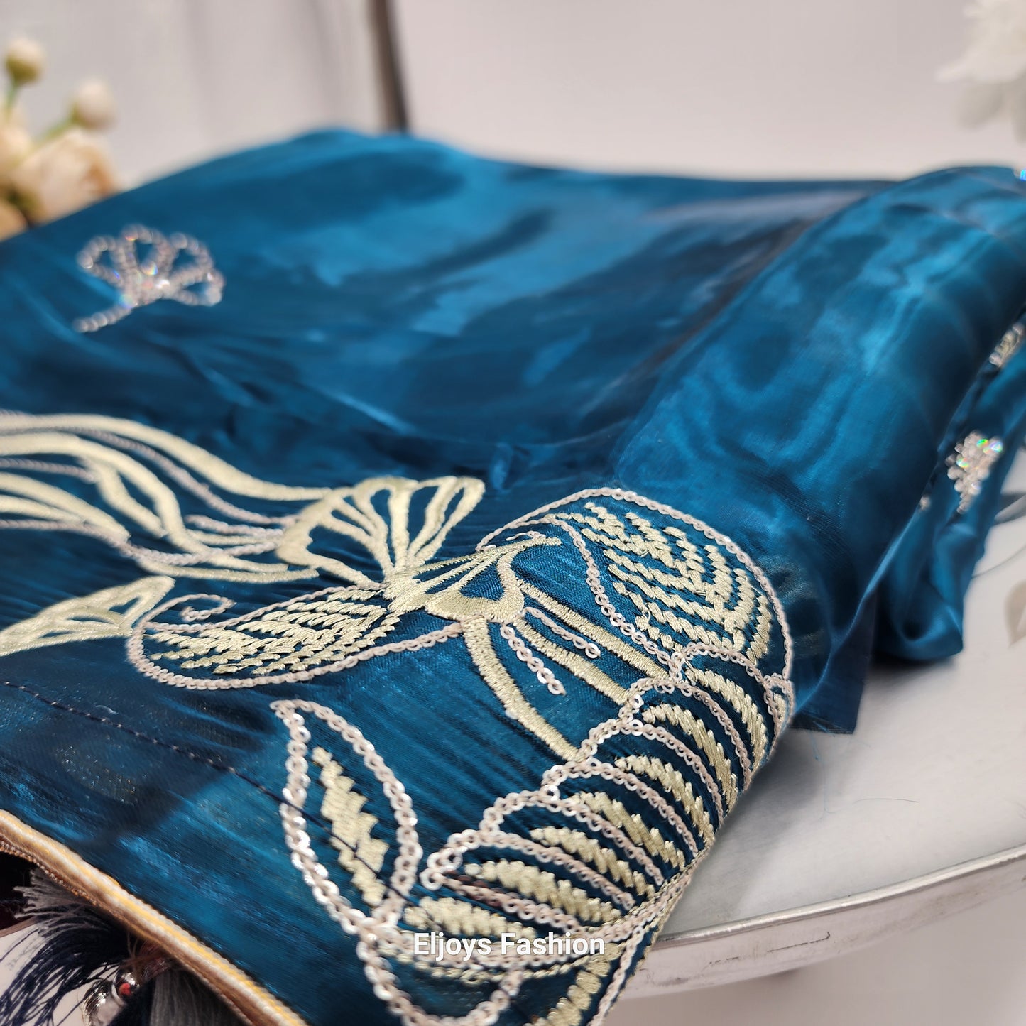 Pure Soft Silk and Fancy Fabric  Designer Embroidery Work Saree - Silky Blue