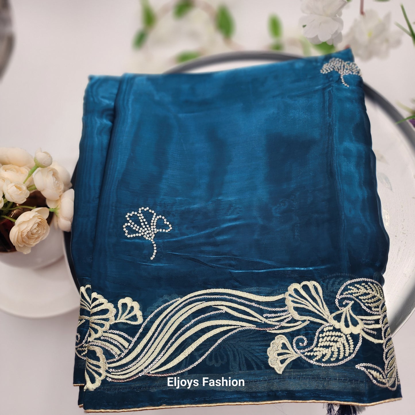 Pure Soft Silk and Fancy Fabric  Designer Embroidery Work Saree - Silky Blue