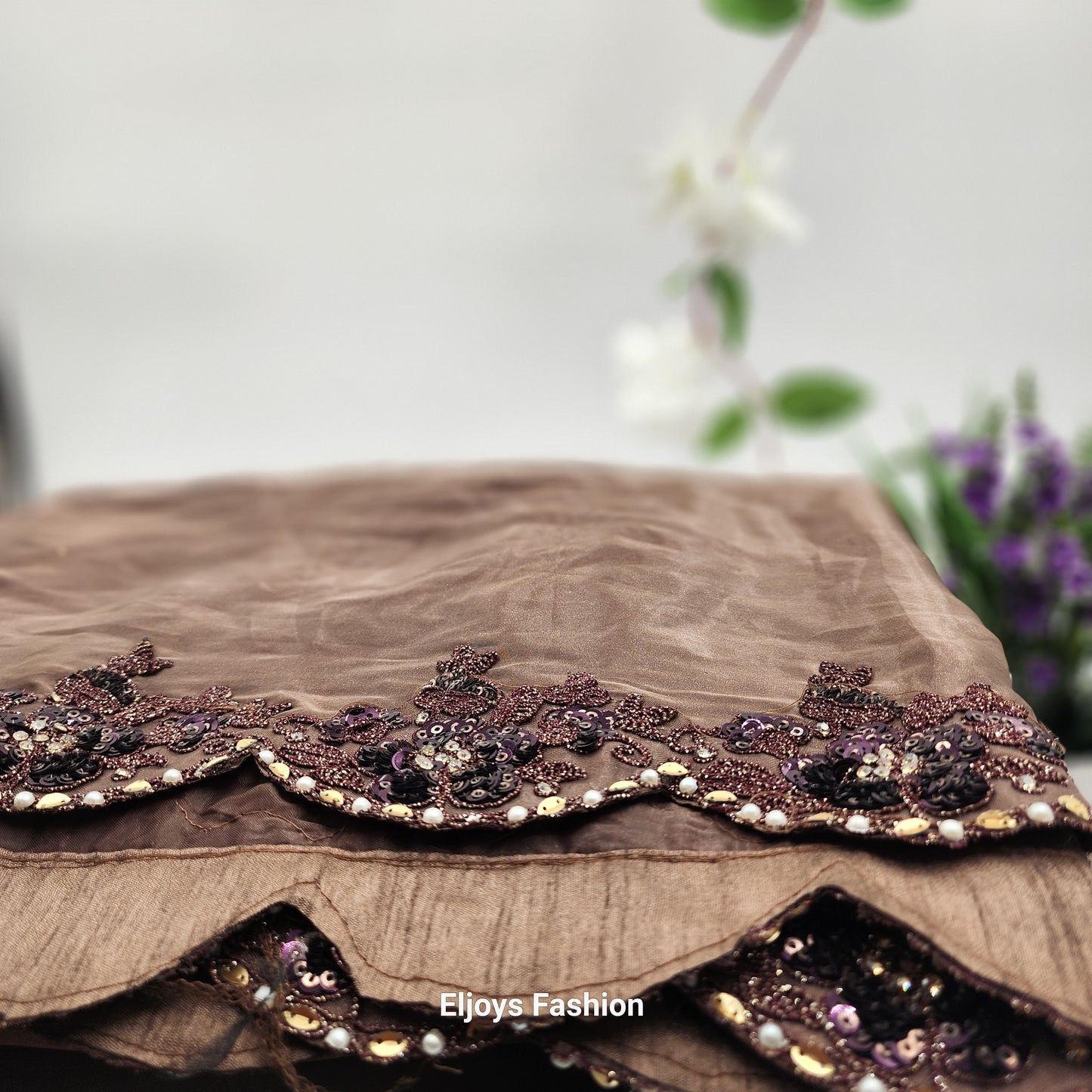 Crepe Silk Saree with Embroidery works Dark Chocolate Floral work with Blouse