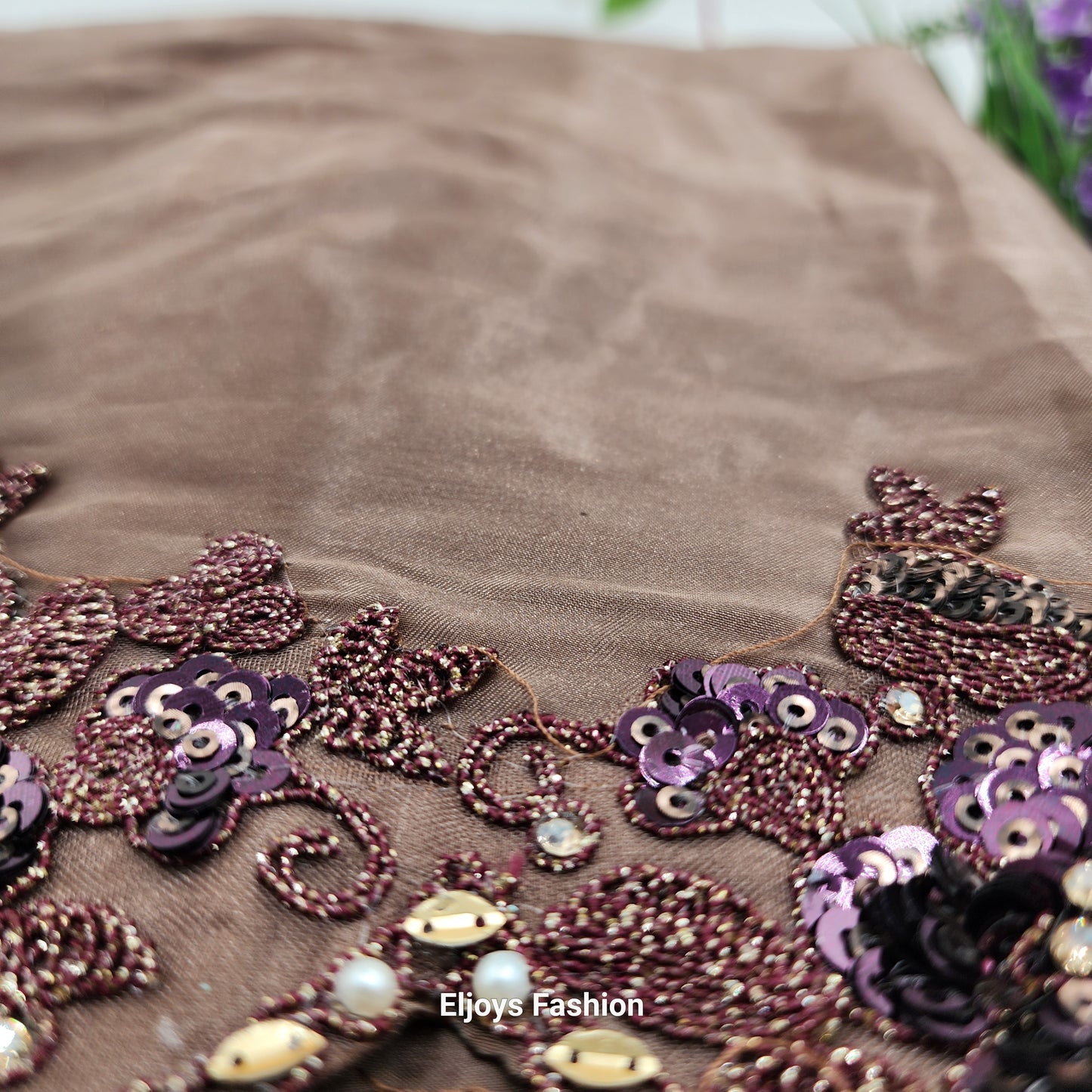 Crepe Silk Saree with Embroidery works Dark Chocolate Floral work with Blouse