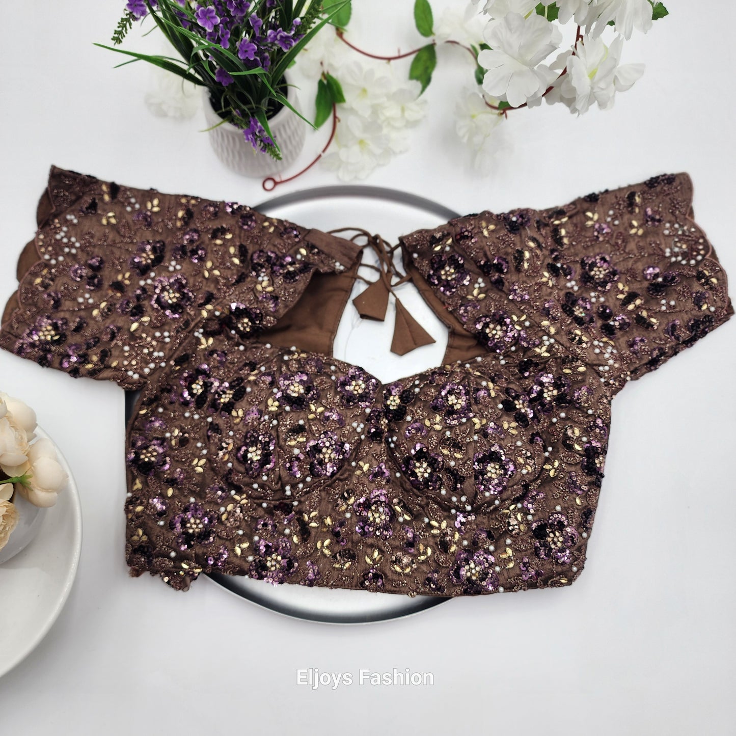 Crepe Silk Saree with Embroidery works Dark Chocolate Floral work with Blouse