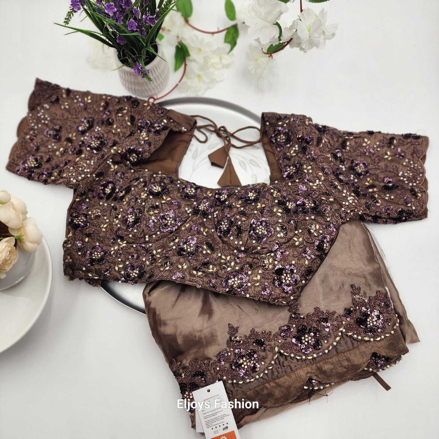 Crepe Silk Saree with Embroidery works Dark Chocolate Floral work with Blouse