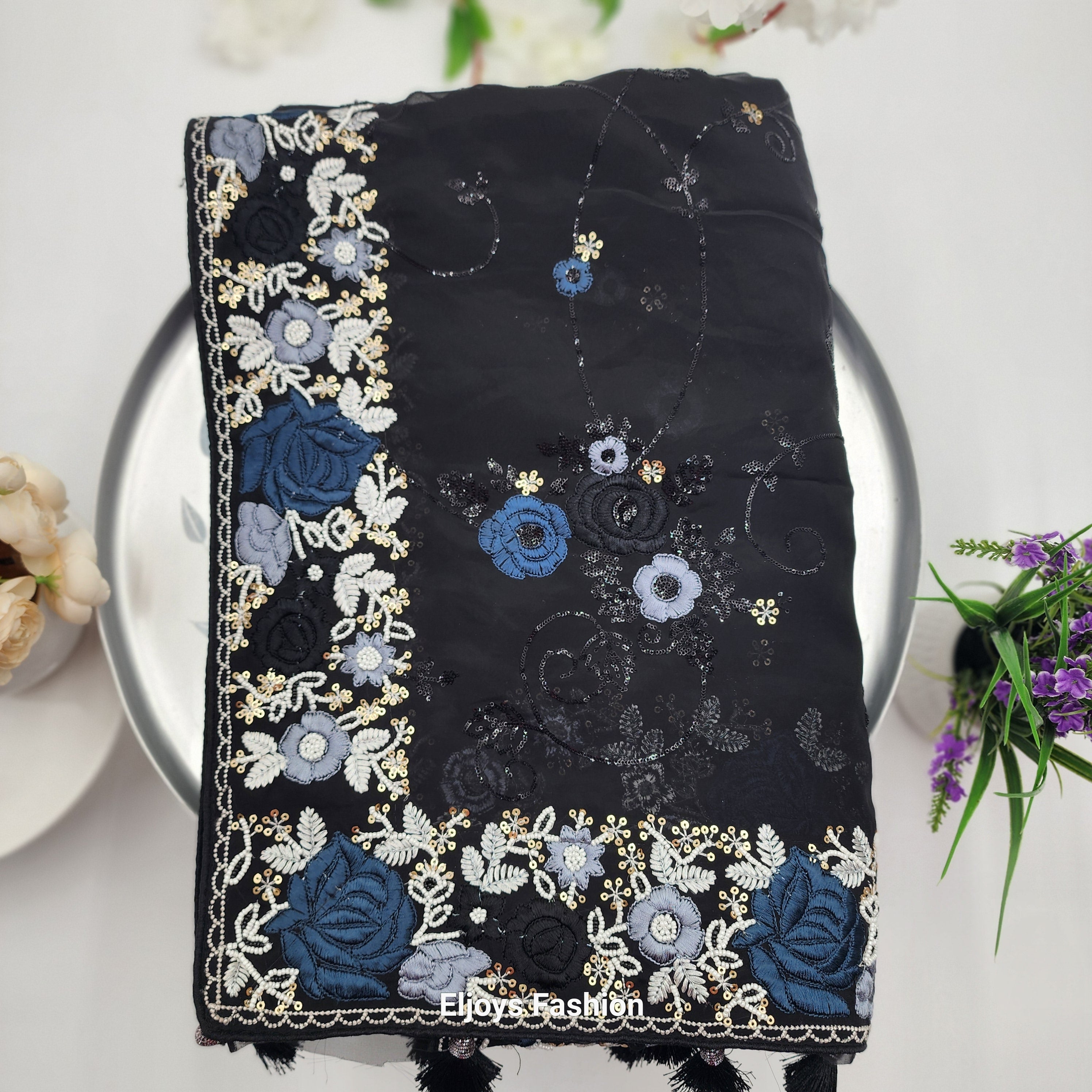 Georgette Saree - bead work and embroidery Black 1120