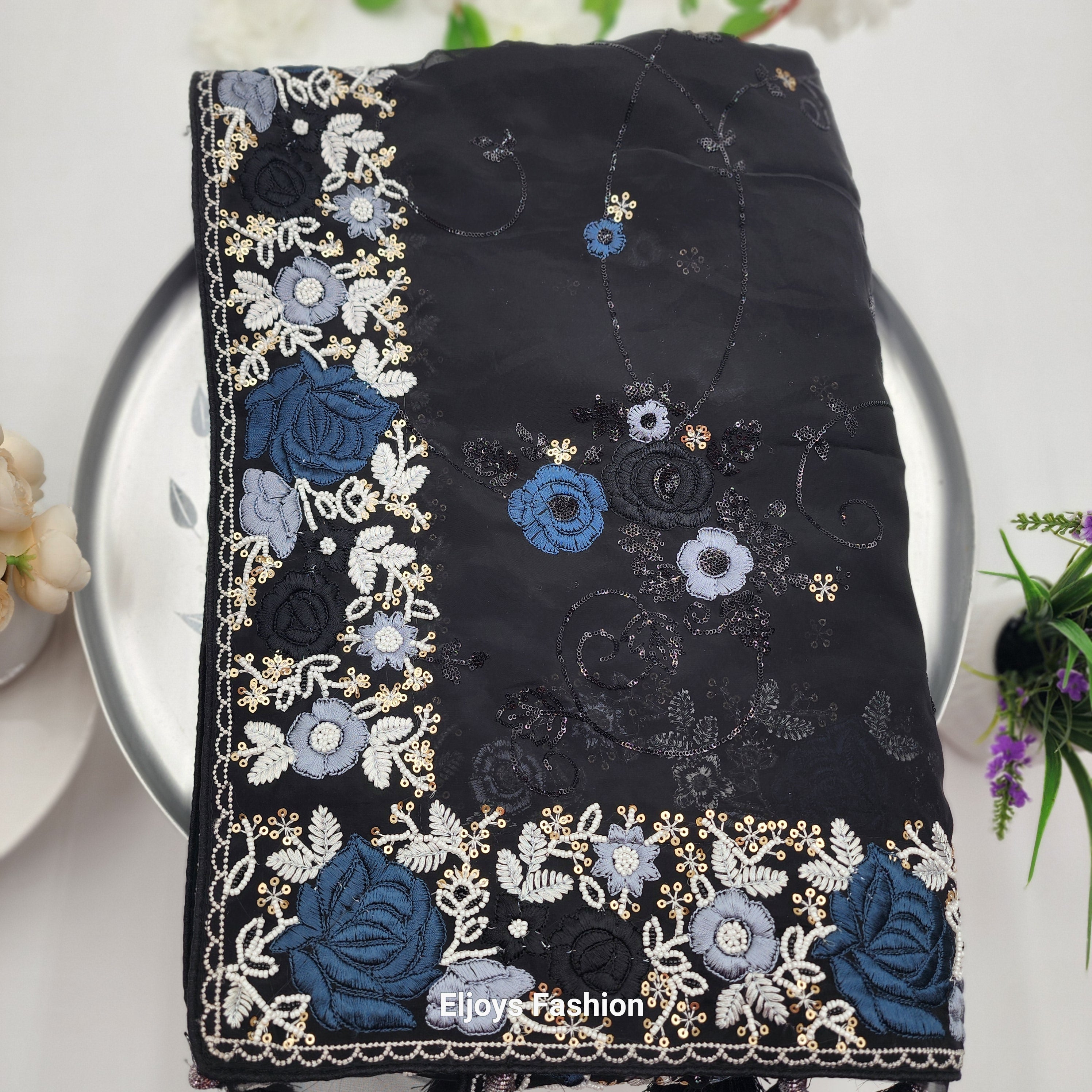 Georgette Saree - bead work and embroidery Black 1120