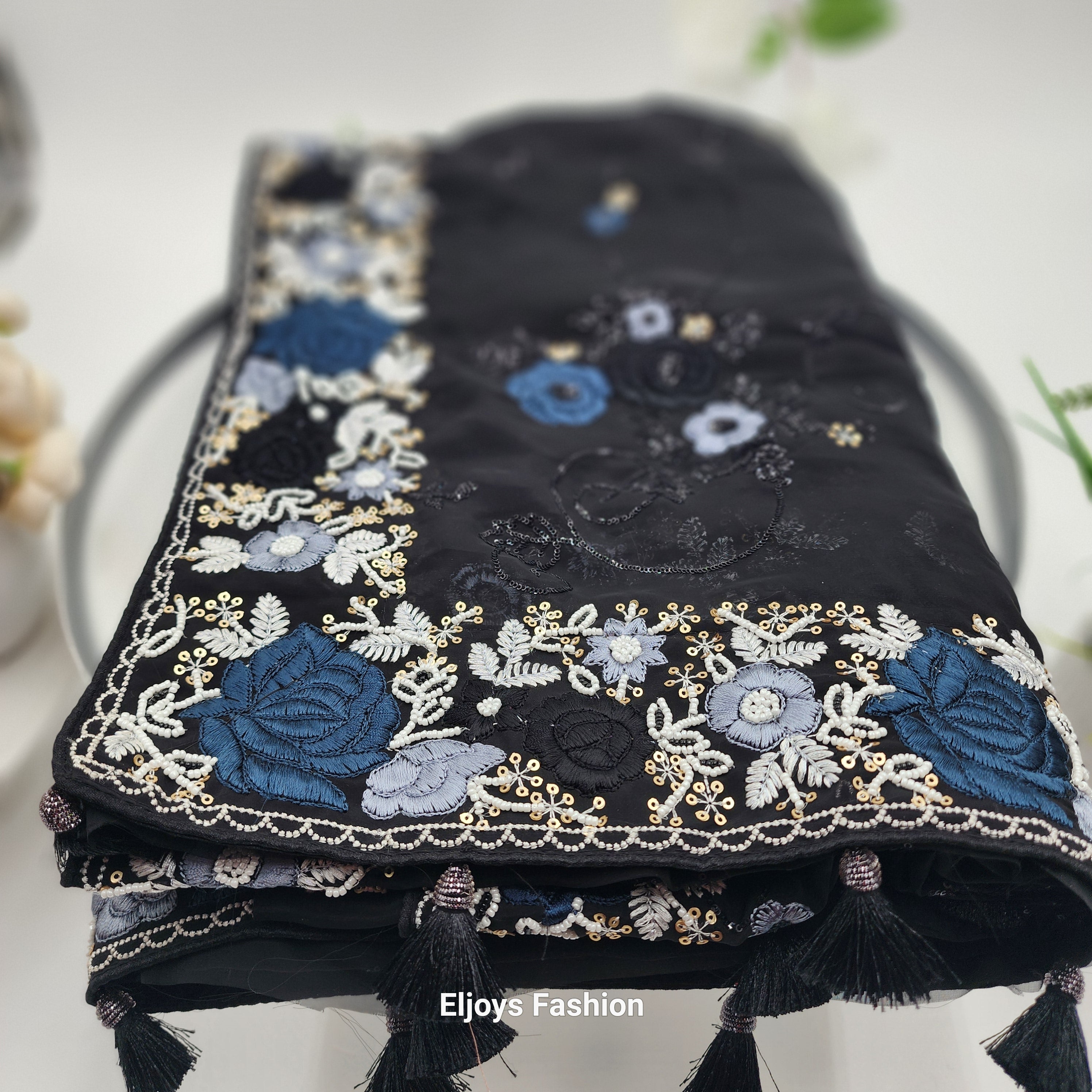Georgette Saree - bead work and embroidery Black 1120