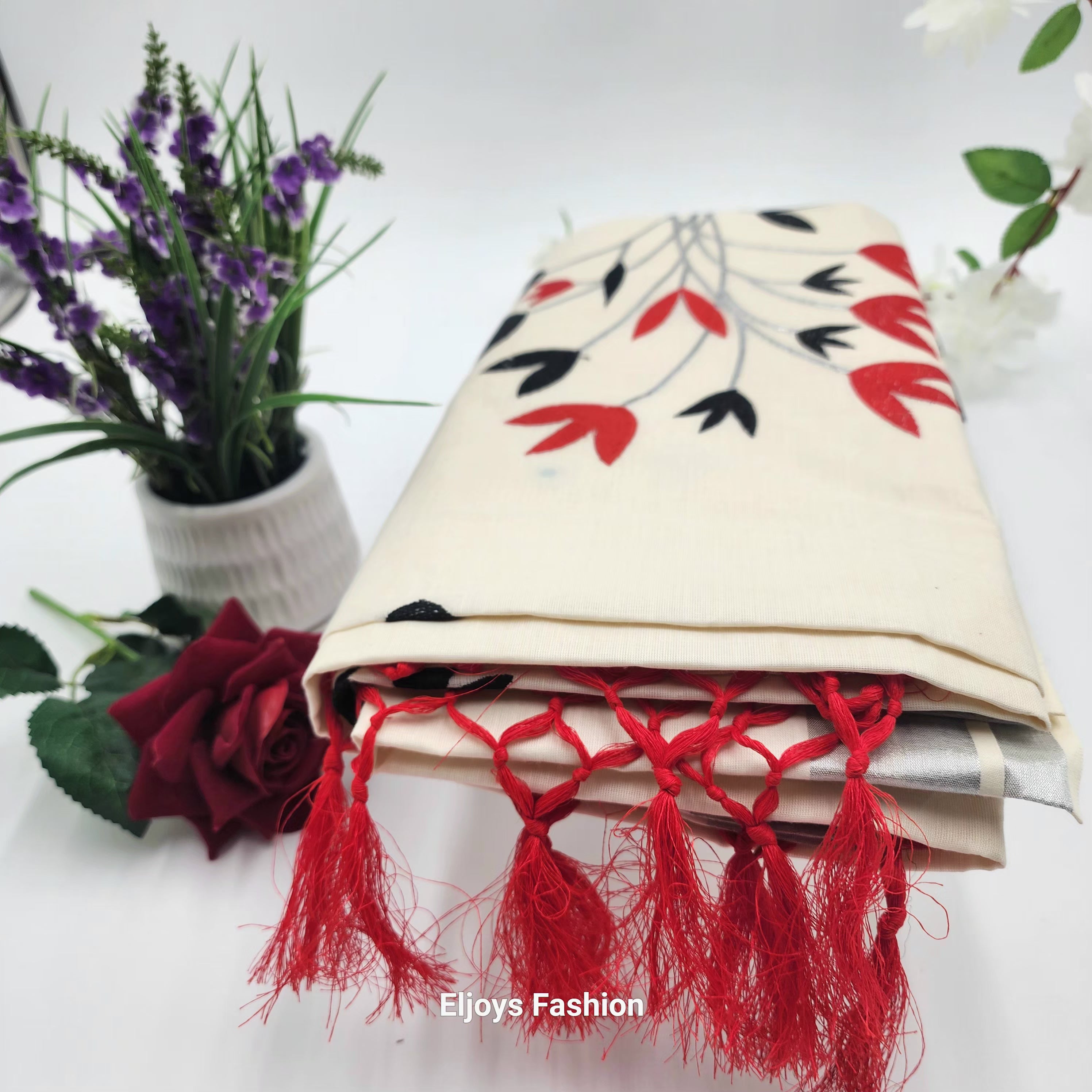 Tissue Silk South Indian Saree with stunning black and red combo floral design Eljoys Fashion