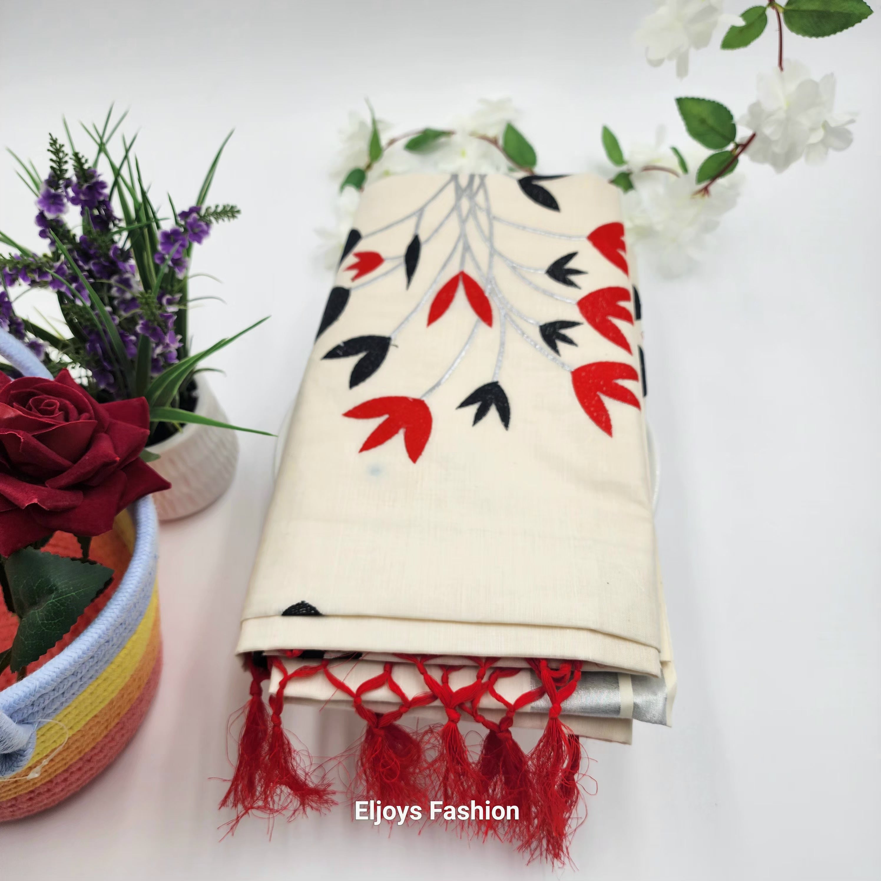 Tissue Silk South Indian Saree with stunning black and red combo floral design Eljoys Fashion