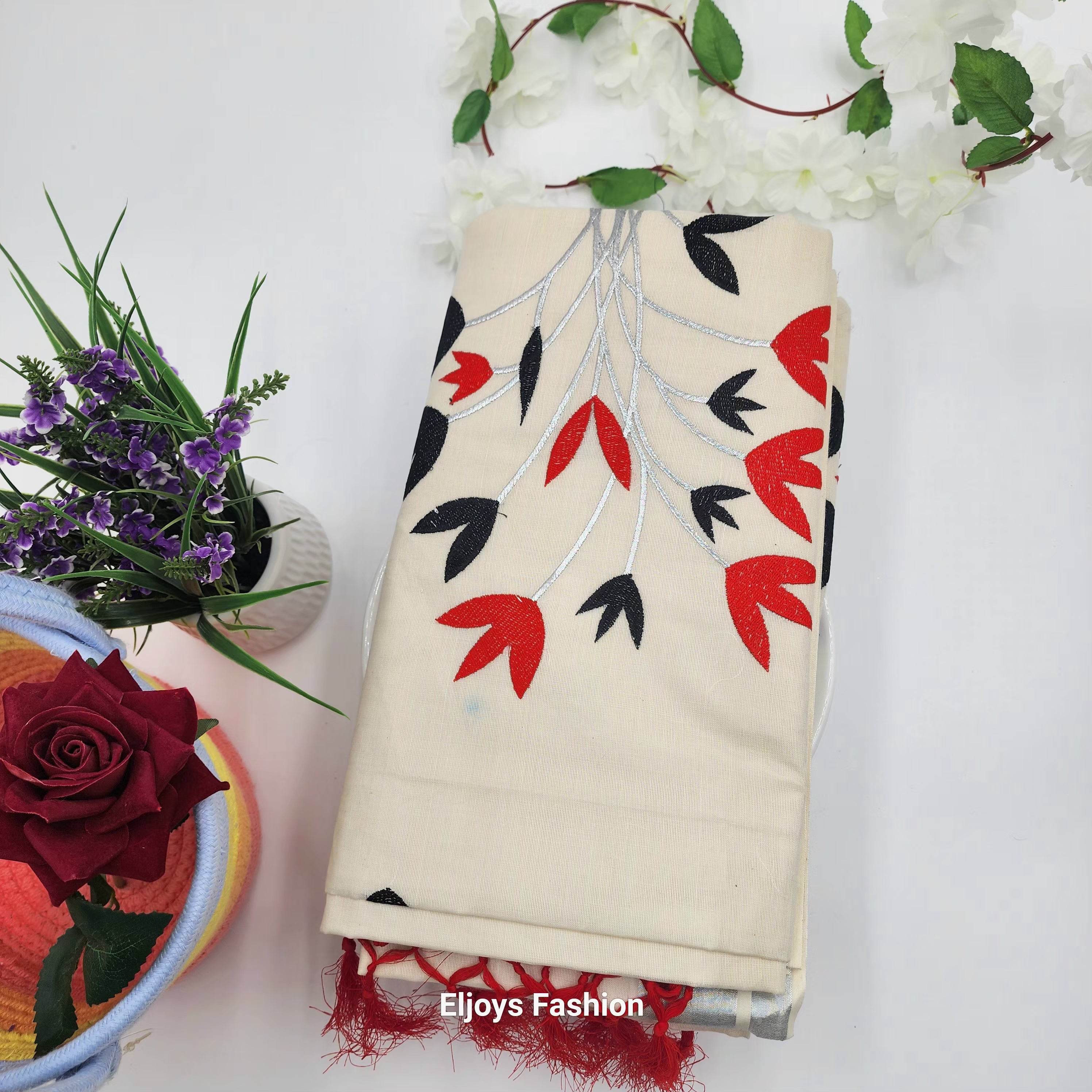 Tissue Silk South Indian Saree with stunning black and red combo floral design Eljoys Fashion
