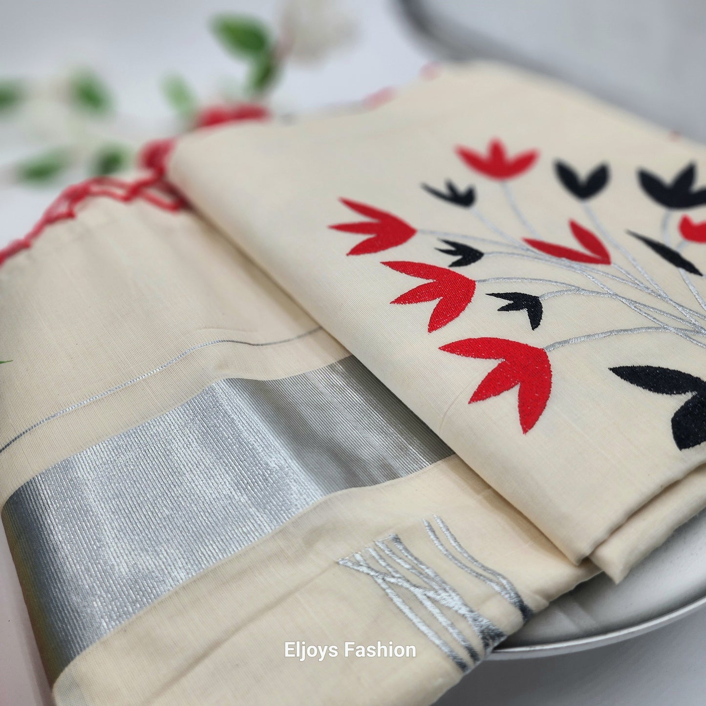 Tissue Silk South Indian Saree with stunning black and red combo floral design