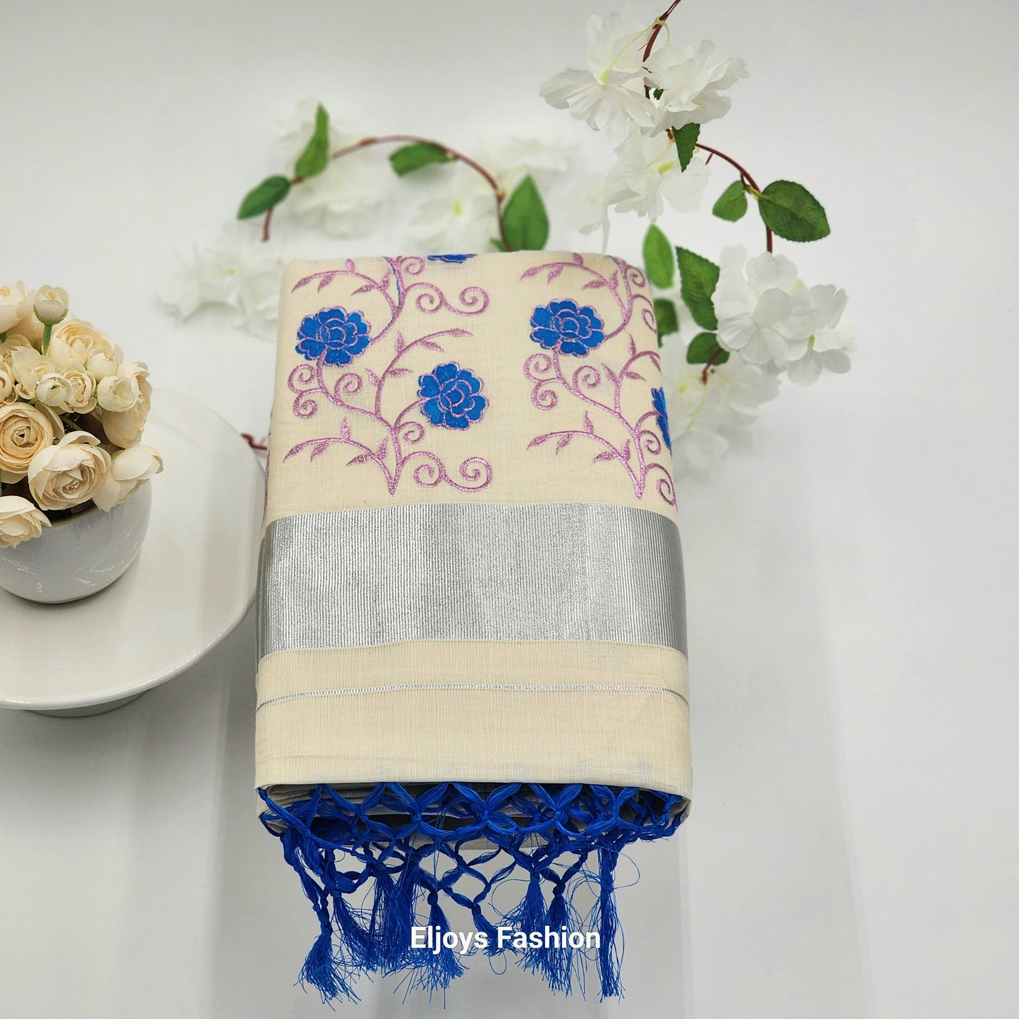 Tissue Silk south indian saree floral design blue and pink combo