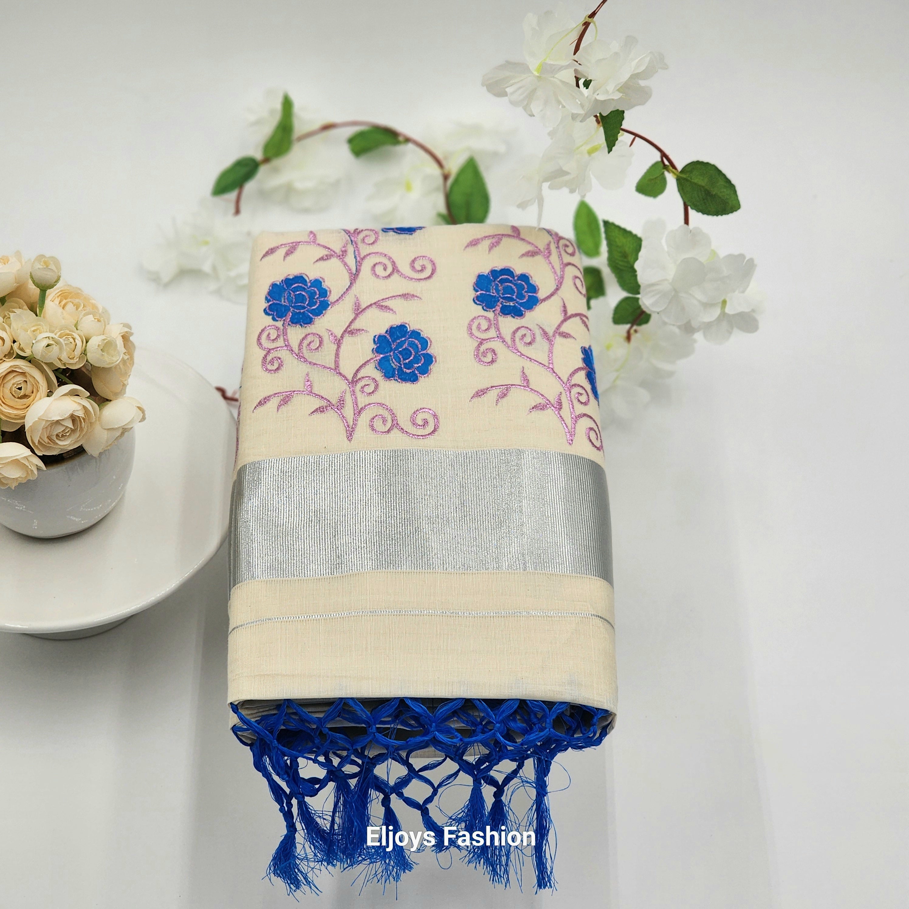 Tissue Silk south indian saree floral design blue and pink combo Eljoys Fashion