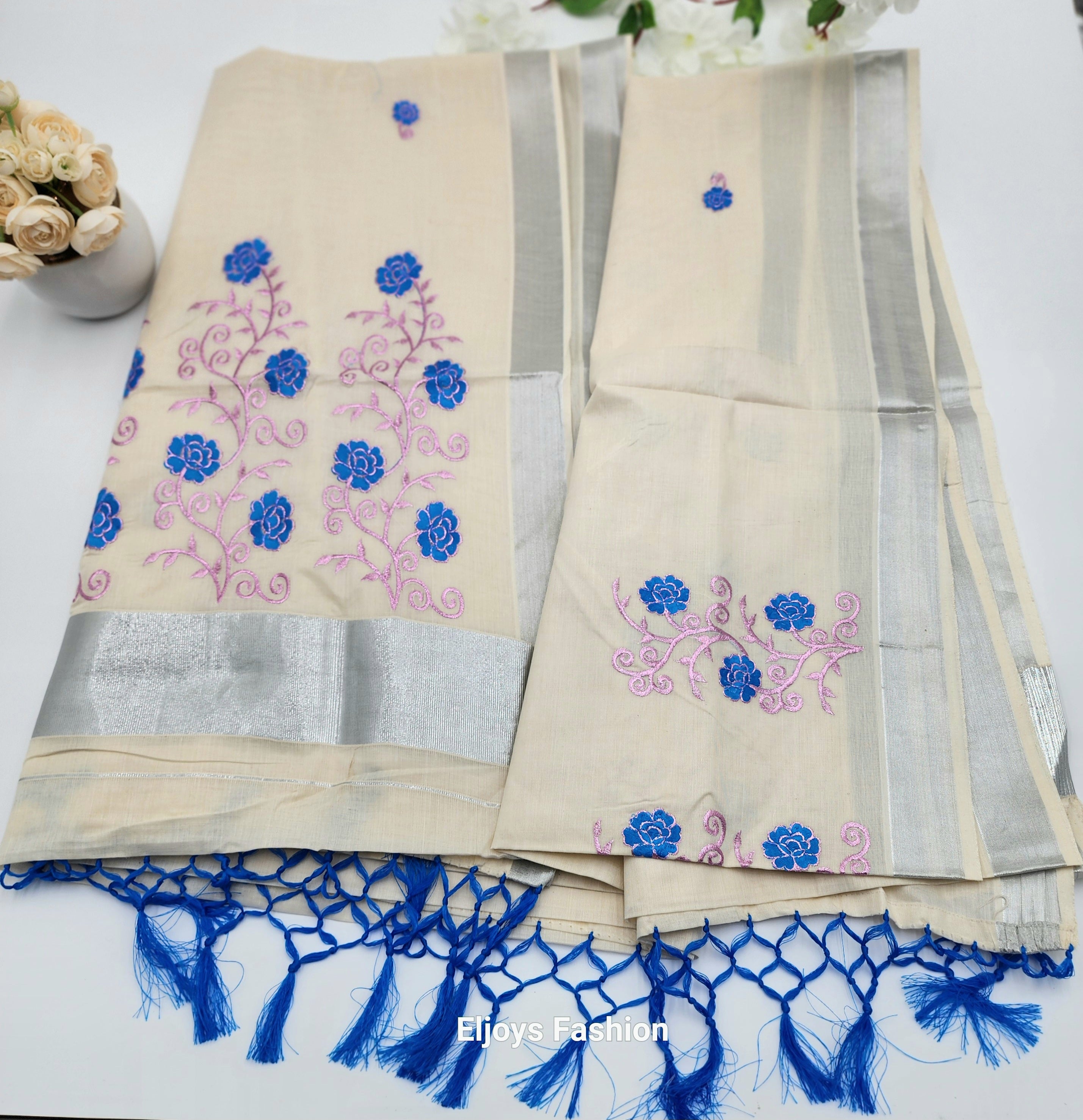 Tissue Silk south indian saree floral design blue and pink combo Eljoys Fashion