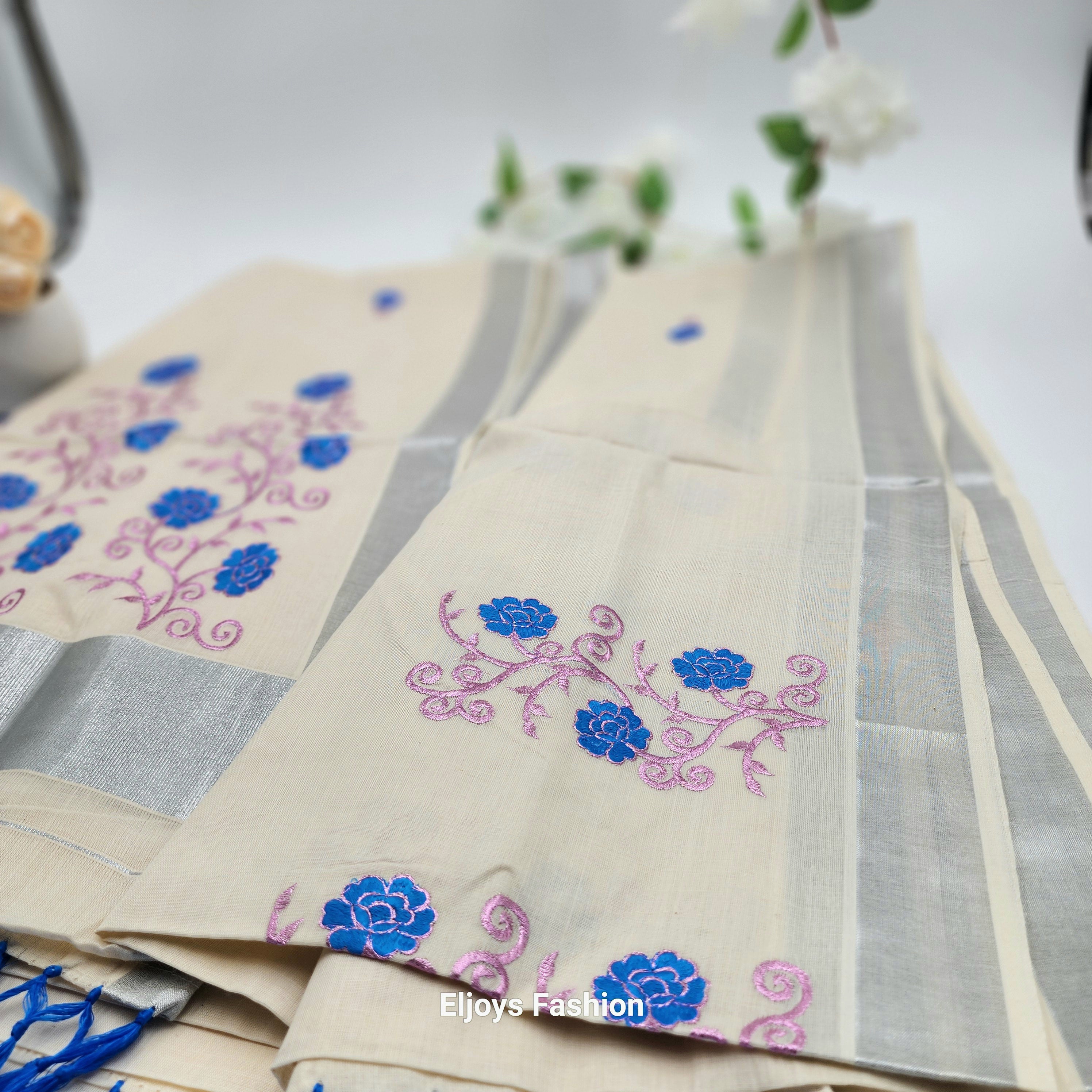 Tissue Silk south indian saree floral design blue and pink combo Eljoys Fashion