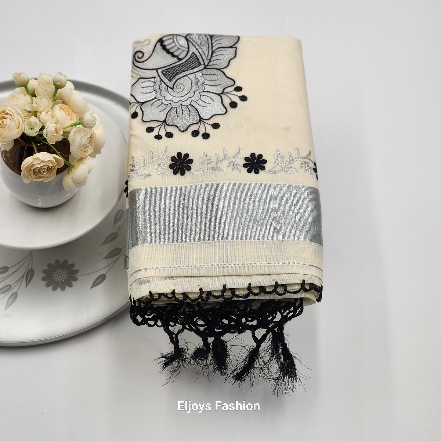 Tissue Silk South Indian Saree - Peacock floral design in Silver and black - Eljoys Fashion 