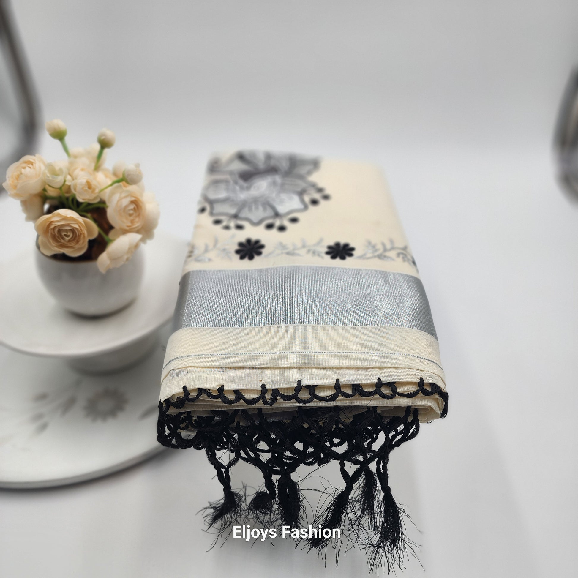 Tissue Silk South Indian Saree - Peacock floral design in Silver and black - Eljoys Fashion 